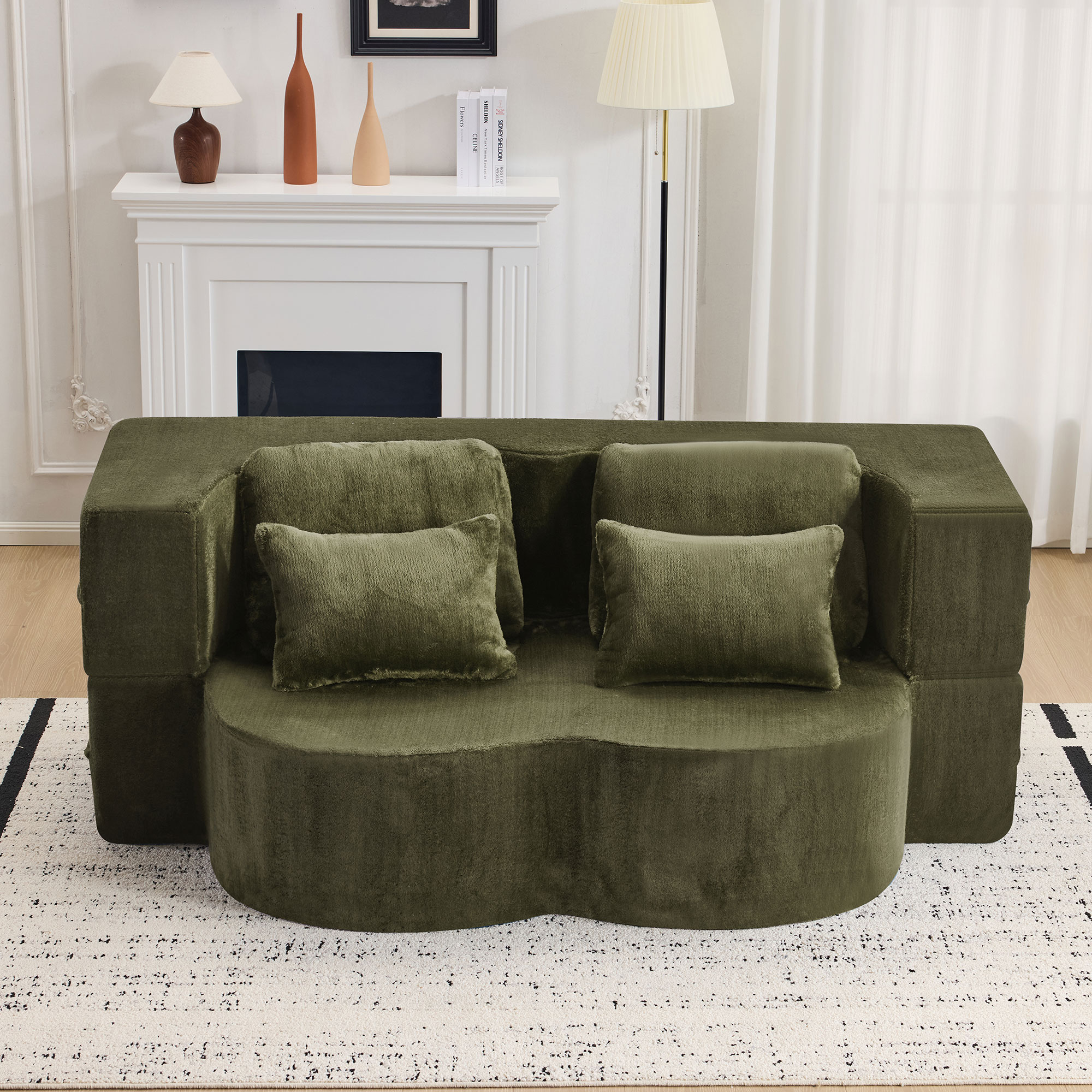 Large Modern Green Floor Sofa with 4 Pillows, Plush Fabric Sofa, High Density Foam Folding Mattress for Living Room, Gue