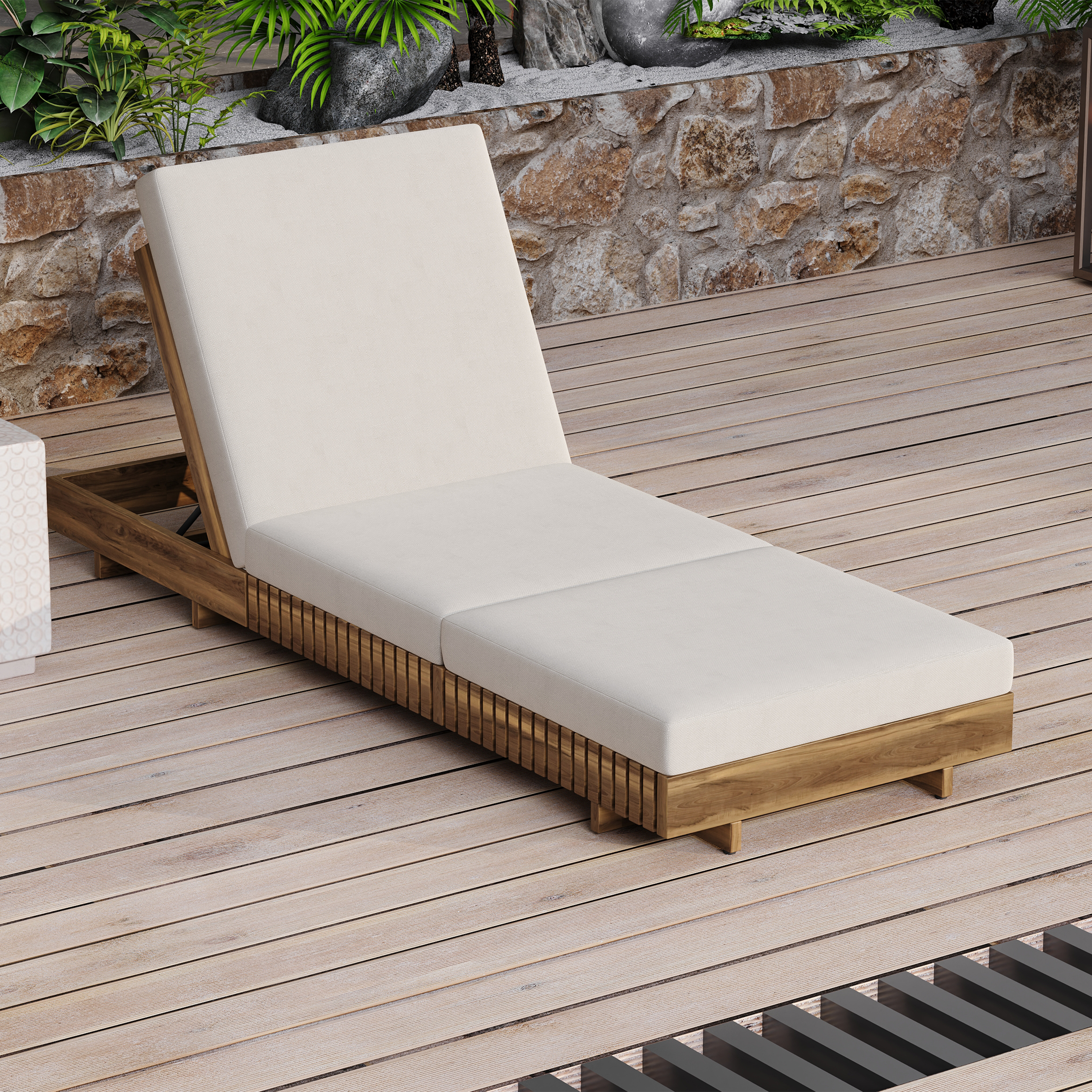 Outdoor Chaise Lounge Chair with 6-Position Adjustable Backrest,Acacia solid wood,TEAK COLOR (Only LOUGNE FRAME, Not include Cushion)