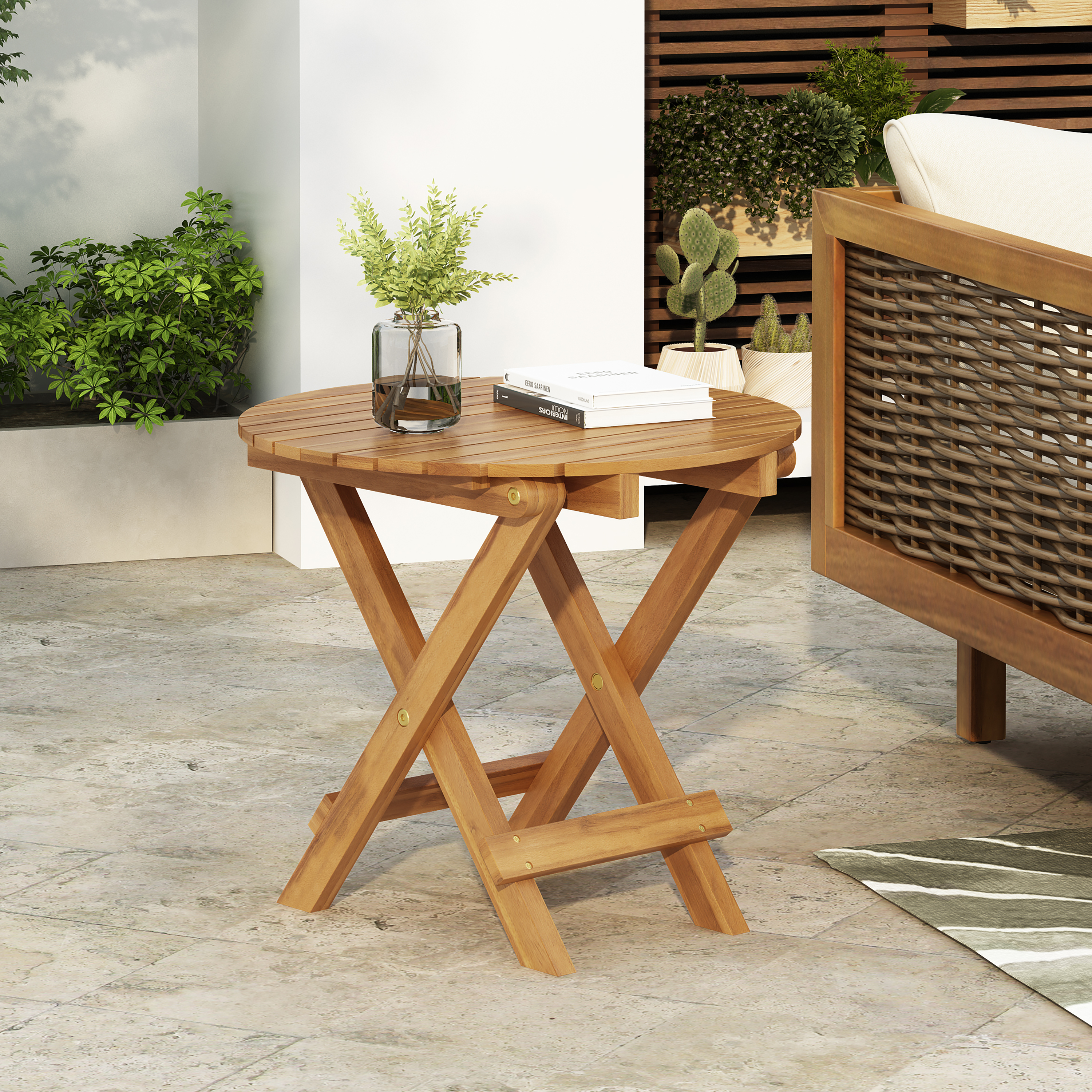 NO INSTALLATION REQUIRED, FOLDABLE AND ADJUSTABLE OUTDOOR ACACIA WOOD SIDE TABLE (TEAK FINISH)