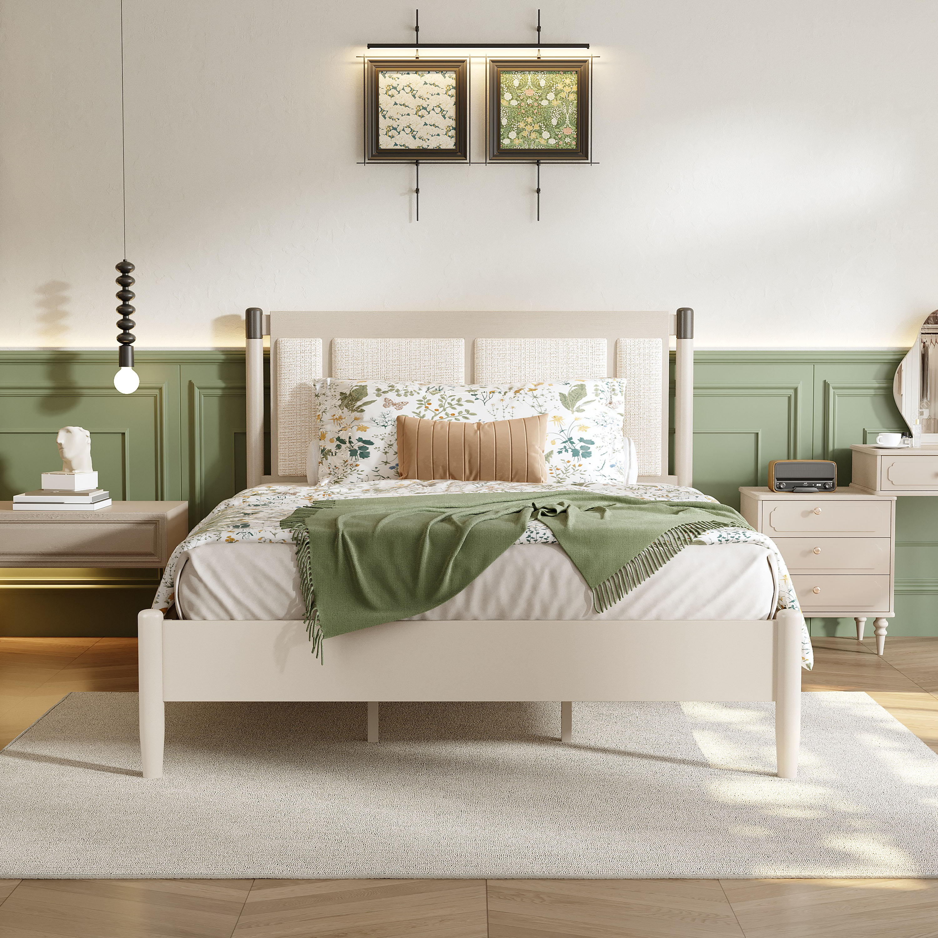 Solid Wood Queen Bed, Heavy Duty 500 lbs Support, No Box Spring Needed, grey Upholstered Headboard with Metal Handles