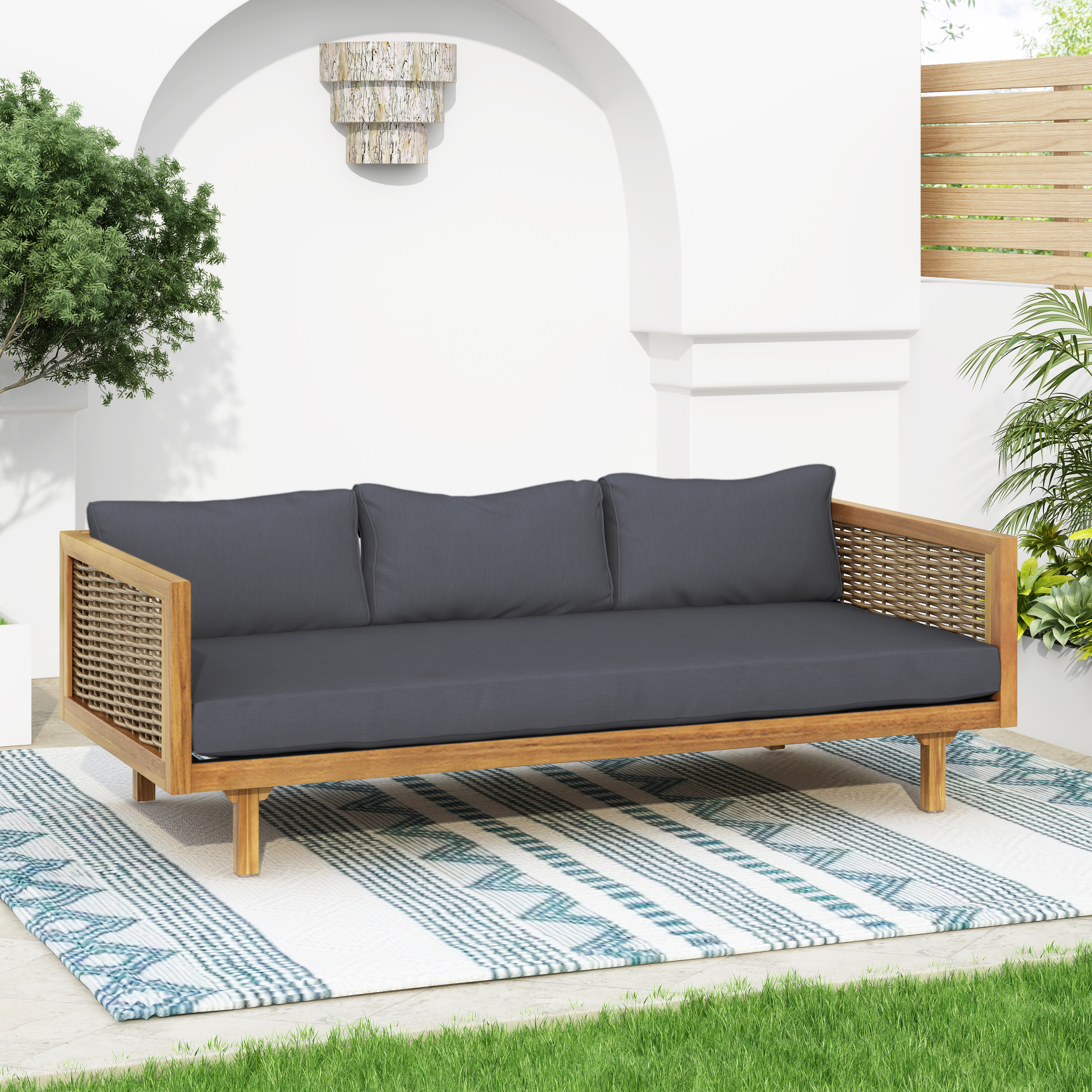 CLAREMONT 3 SEATER DAYBED WITH RATTAN ARMS (DARK GREY CUSHION)