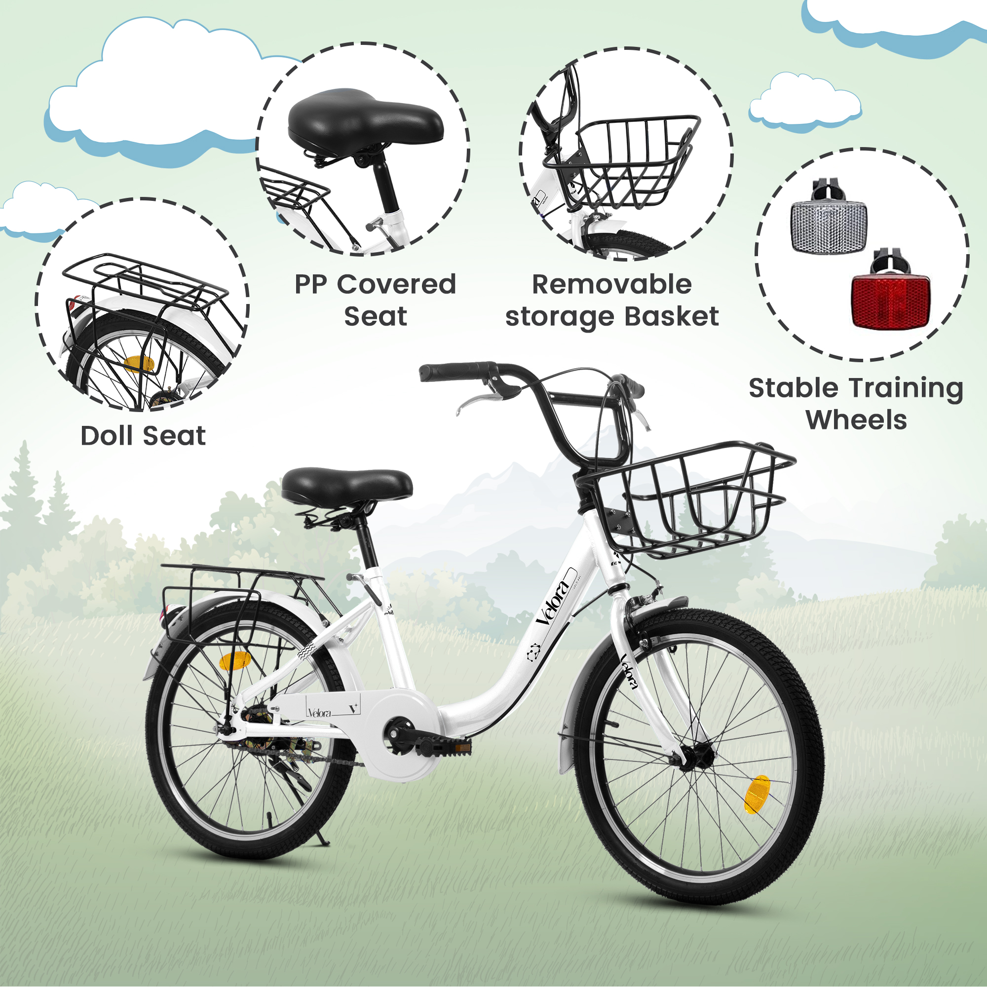 A20182  20 Inch Kids Bike for Boys & Girls, Children's Bicycle with Coaster Brake & V-Brake, 1-Speed, Chain Guard & Rear Rack, Lightweight Steel Frame (Pink, Green, Purple, White)