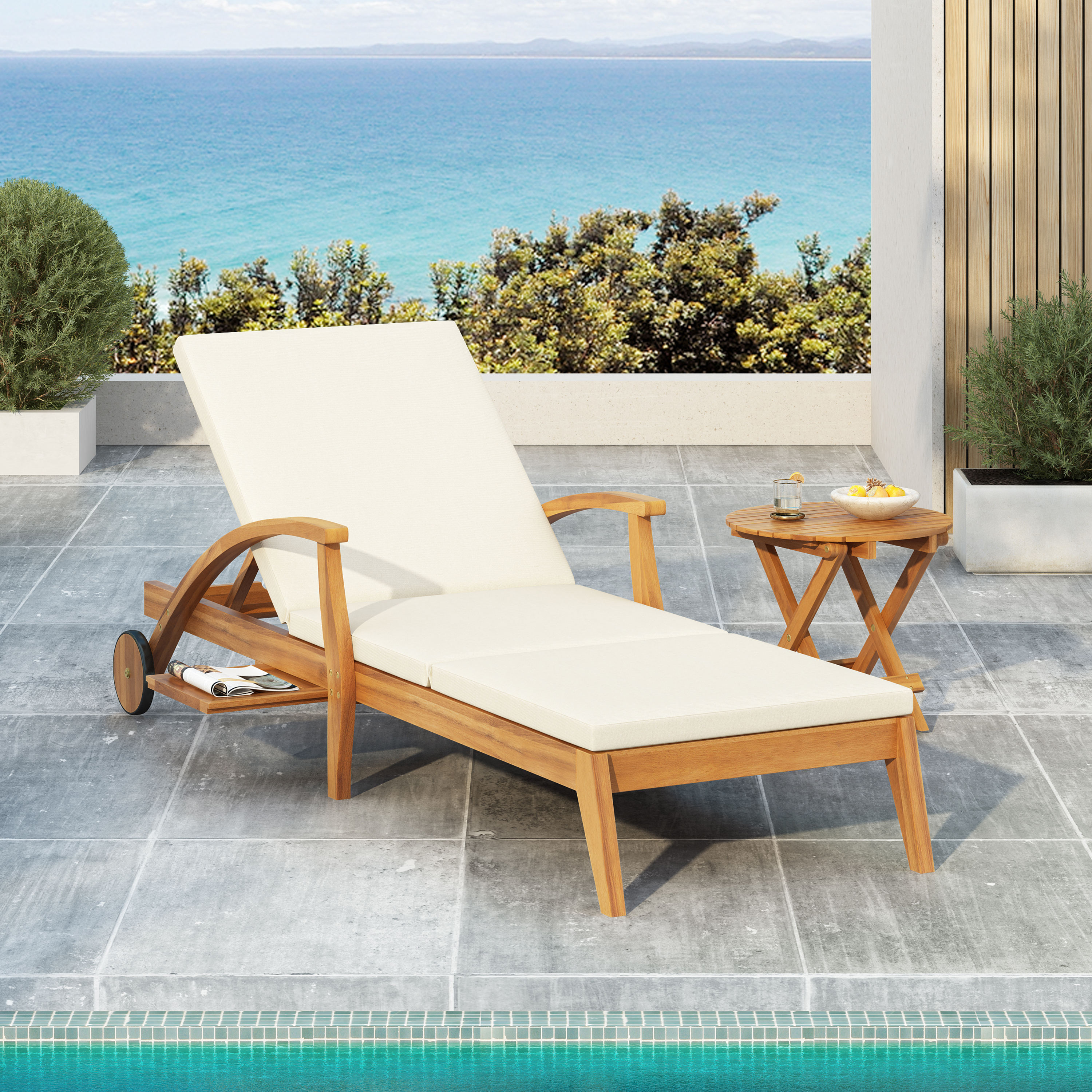 OUTDOOR RECLINER SIDE TABLE SET - COMES WITH 2 INCH CUSHION AND ADJUSTABLE BACKREST CHAISE LOUNGE WITH WHEEL & FOLDABLE AND ADJUSTABLE ACACIA WOOD SIDE TABLE FOR POOLSIDE PORCH