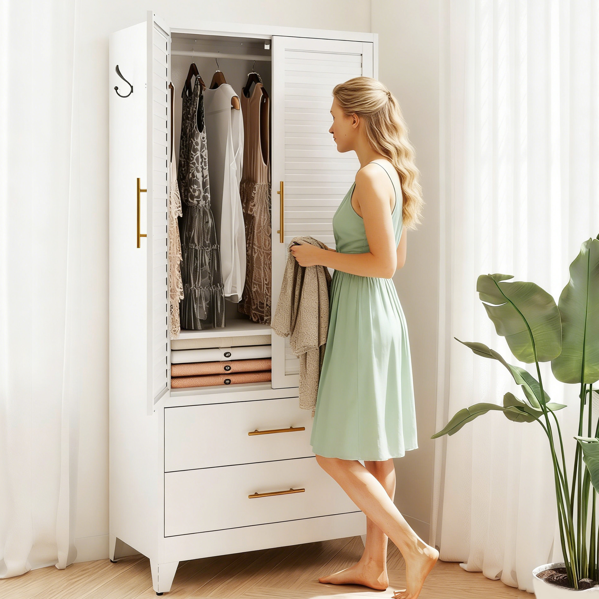 White Metal Wardrobe Closet with 2 Doors and Drawers, 71″ Tall Storage Cabinet for Bedroom, Lightweight Portable Closet for Small Apartments, Dorm, Renters, Cold Rolled Steel, Easy Assembly