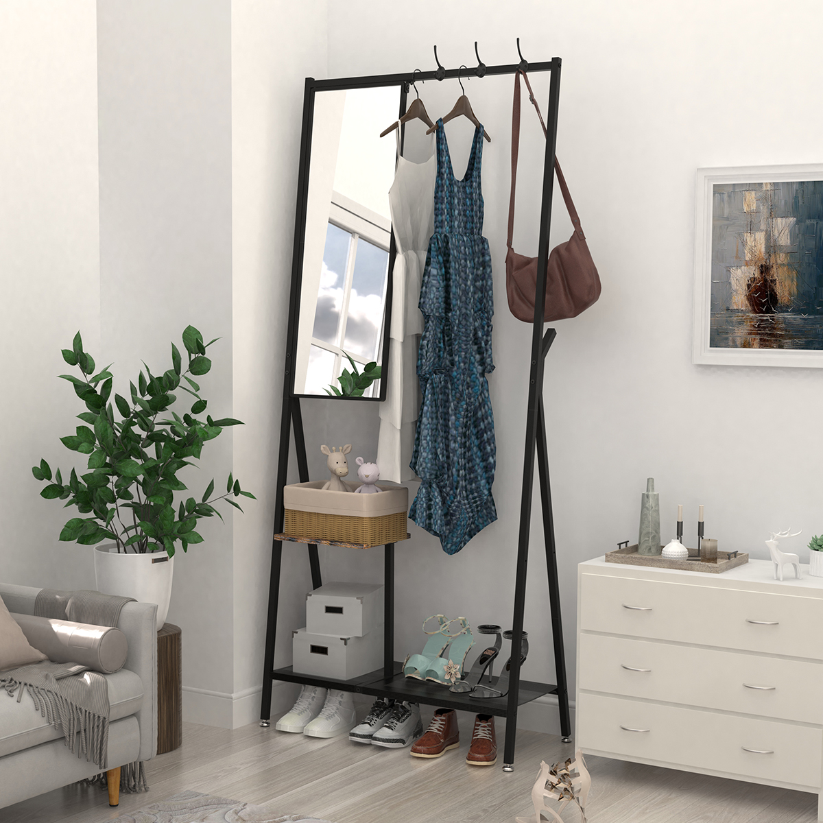 Coat Rack with Mirror, Multifunctional Hall Tree with Shoe Storage, Metal Frame, for Living Room Bedroom 73x32x15 Inches, Industrial Style, Rustic Brown and Black