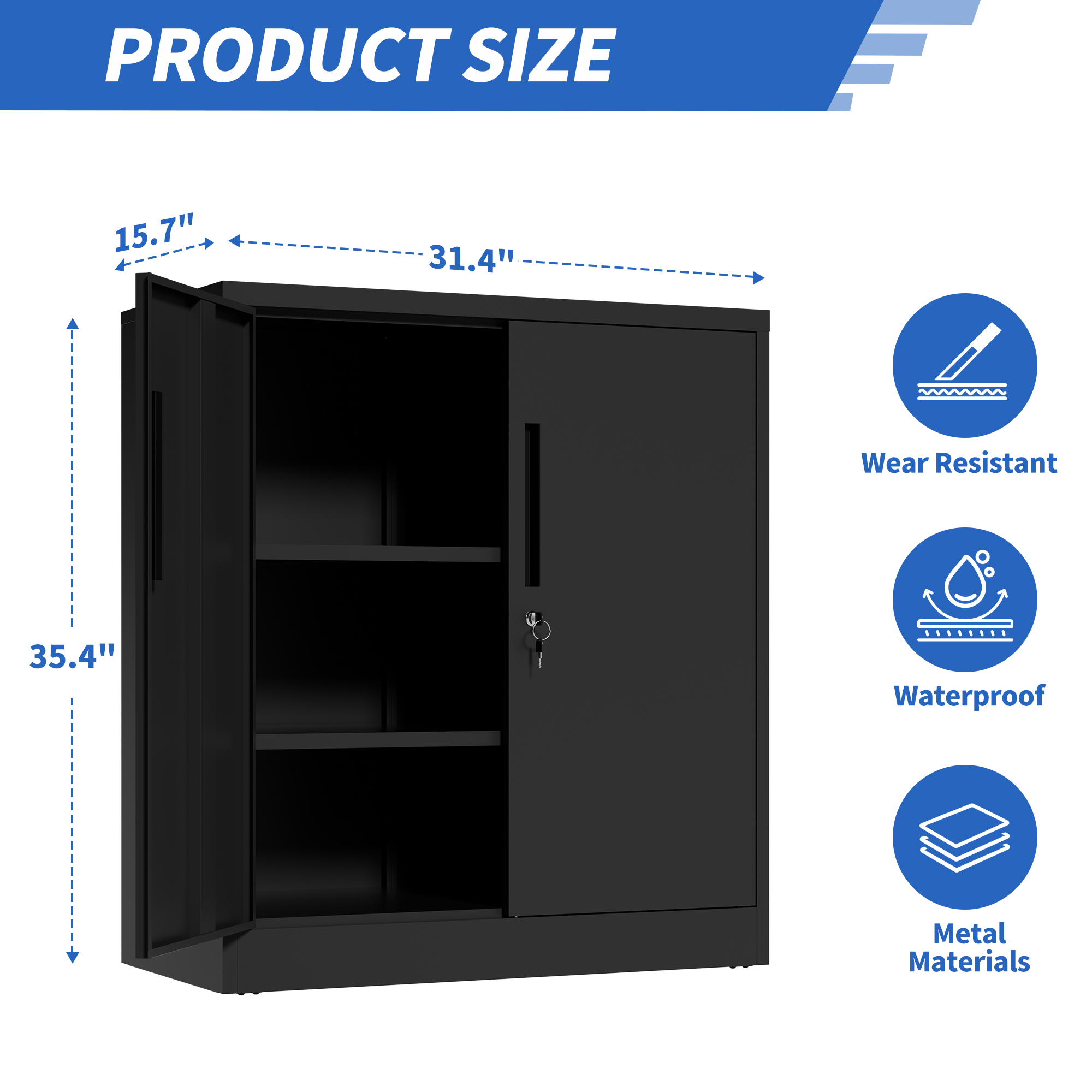 Metal Storage Cabinet with Lock, 2-Door Garage Storage Cabinet with 2 Adjustable Shelves, Heavy Duty Steel File Cabinet for Home, Office, Garage, School (Black, 35.4
