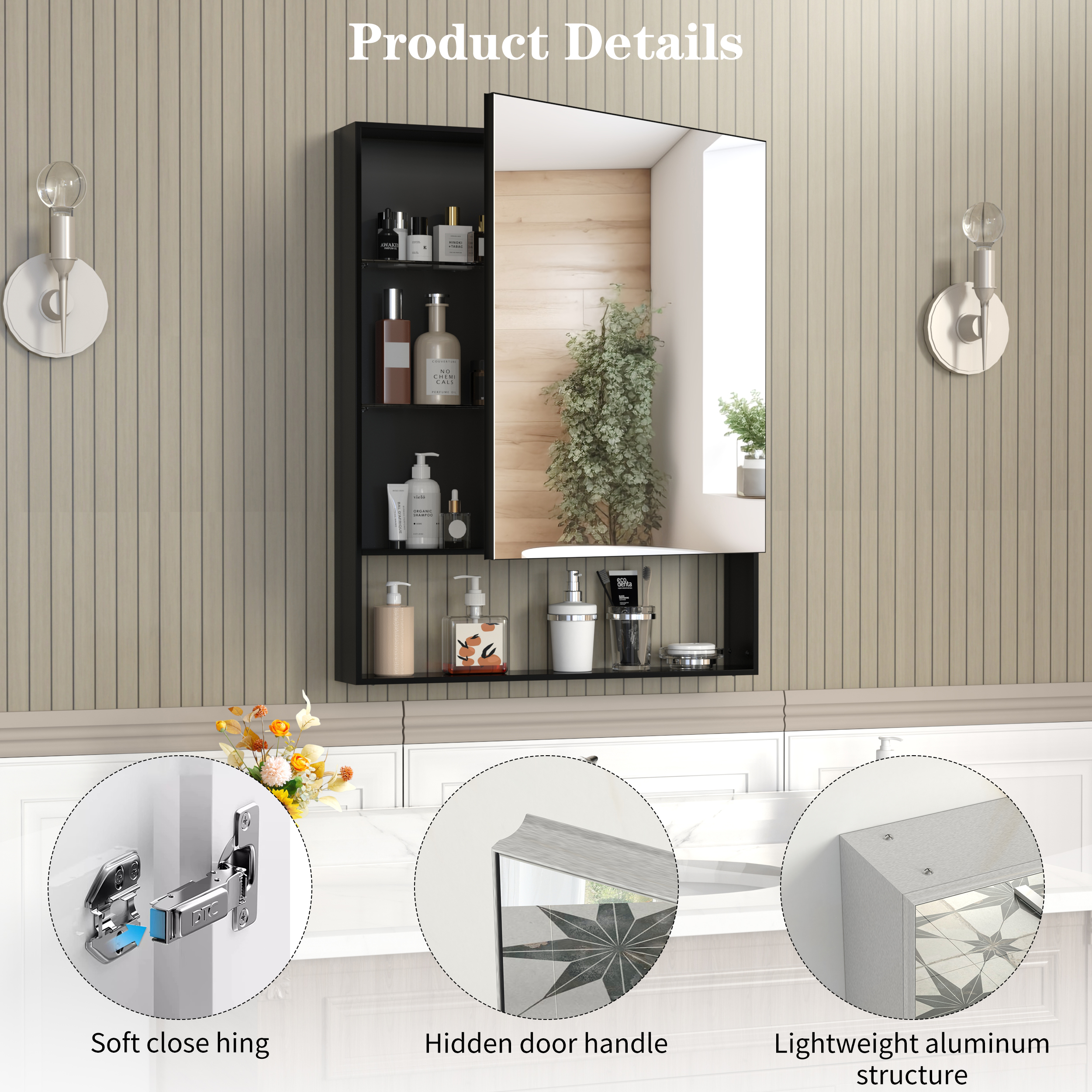24'' x 30'' Medicine Cabinet with Mirror for Bathroom, Wall Mounted Bathroom Mirror with Storage, Adjustable Shelves, Aluminum Framework, Surface Mount  Black