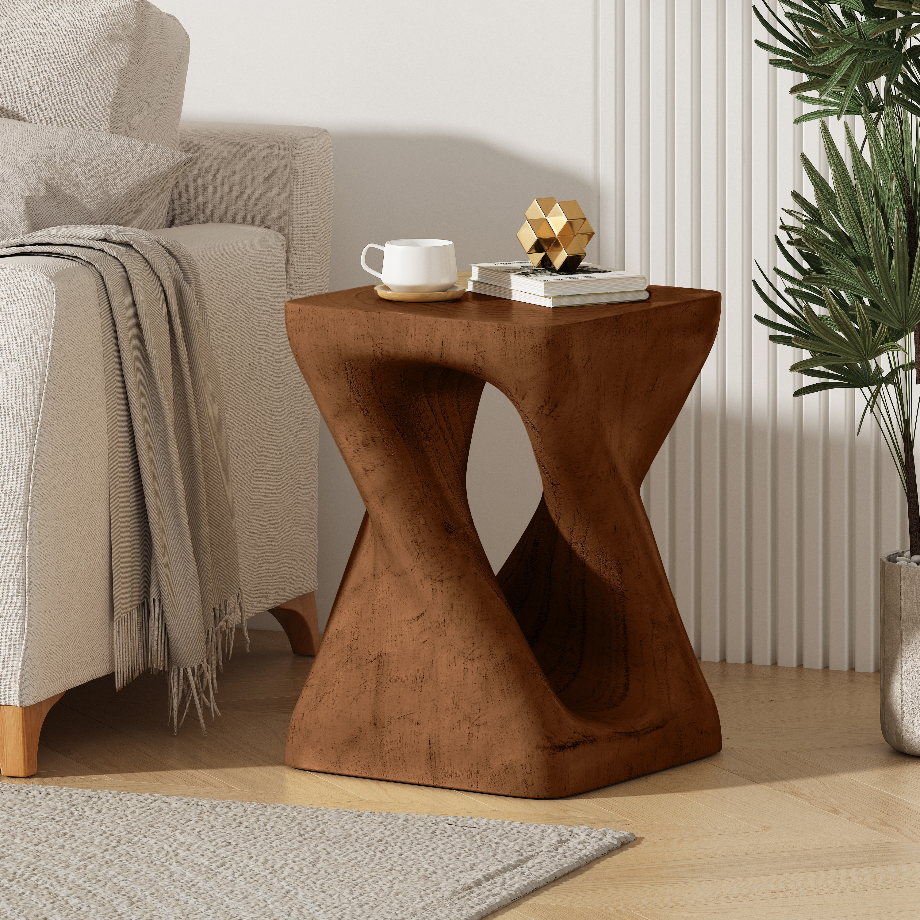 MGO Twist Shape Side Table, Wood-like texture, 	antique brown Color