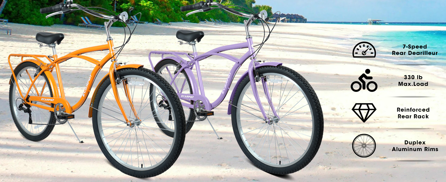 A26265B 26 Inch 7-Speed Beach Cruiser Bike for Men & Women High-Tensile Steel Frame & Lightweight Alloy Wheels with V-Brakes Multiple Colors for Leisure and Commuting