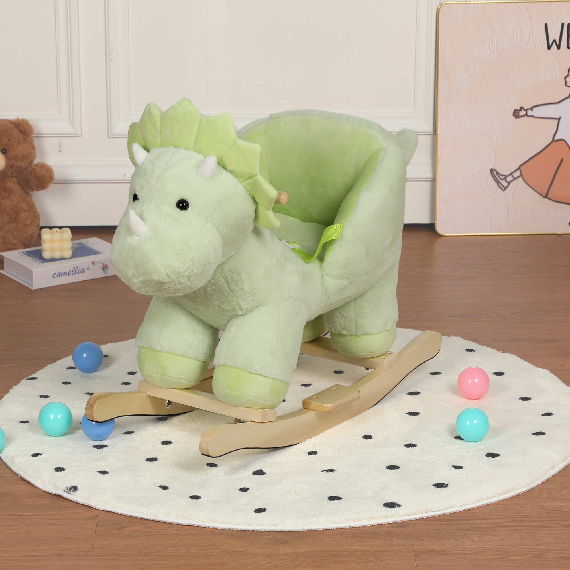 Kids Ride-On Rocking Horse Toy with Jingle Bells,Dinosaur Rocking Toy with Hand Puppets and Safety Belt For Children 1-3 Years,  Soft Plush Fabric ,Green,CPC Certified