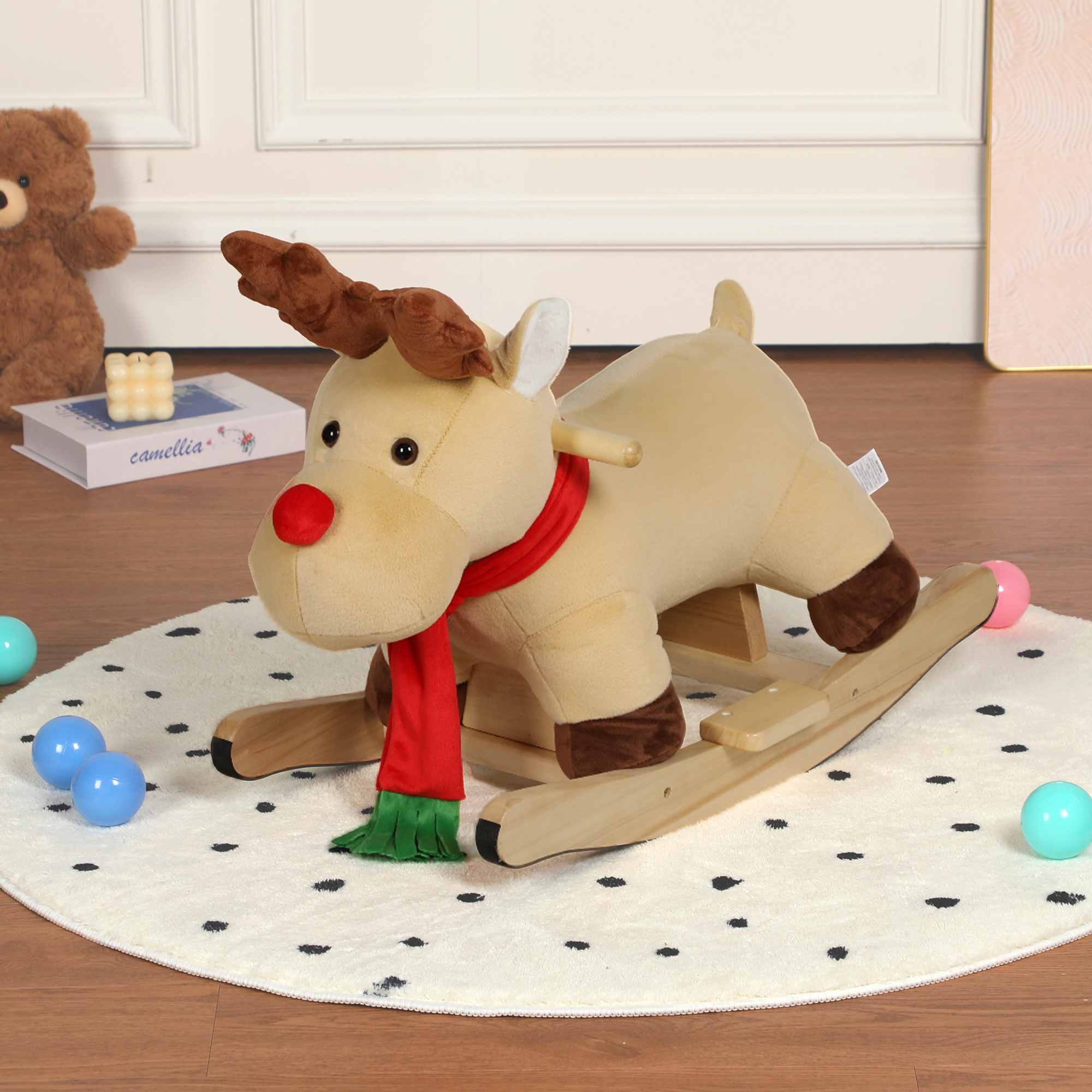 Kids Ride-On Rocking Horse Toy with Jingle Bells,Moose Rocking Toy with Hand Puppets and Safety Belt For Children 1-3 Years,Soft Plush Fabric,Apricot,CPC Certified