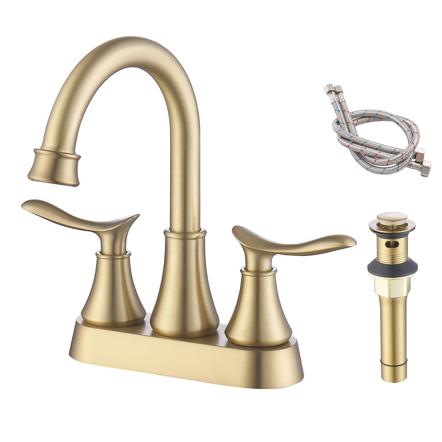 2-Handle 4-Inch Brushed Nickel Bathroom Faucet, Bathroom Vanity Sink Faucets with Pop-up Drain and Supply Hoses