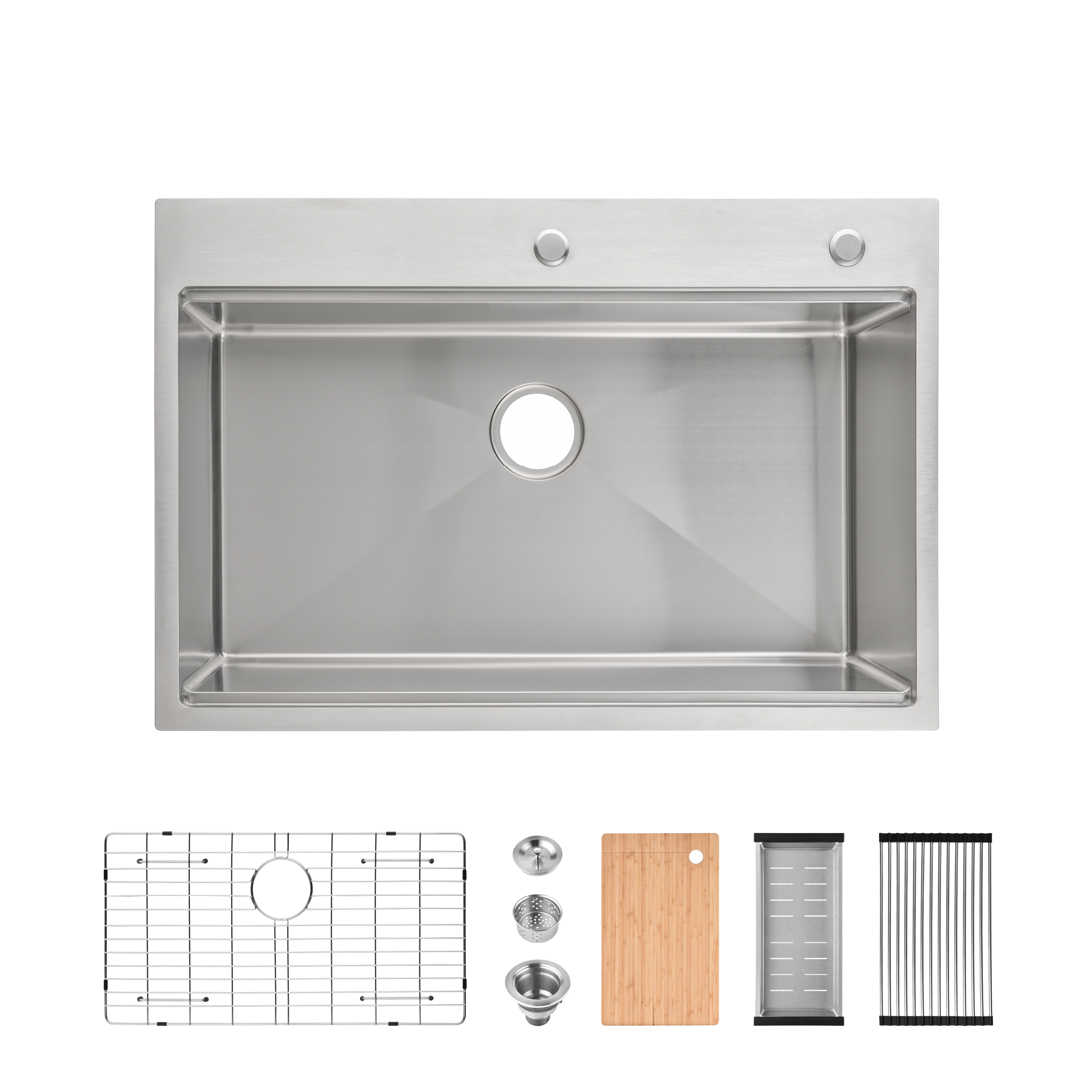 Stainless Steel Kitchen Sink, 33″x22″ Single Bowl, Overmount Handmade Sink in Black, with Cutting Board, Colander, Grid