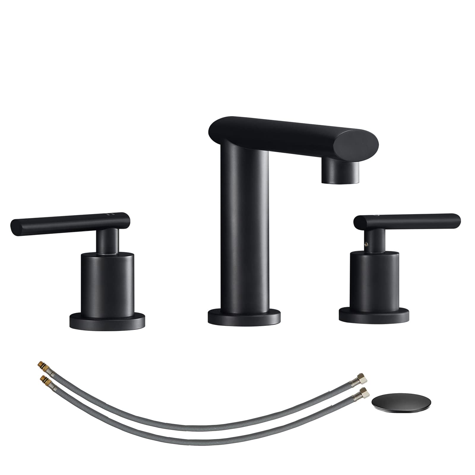 Brushed Nickel Widespread Bathroom Faucet, Waterfall Bathroom Faucets for Sink 3 Hole, 2-Handles Modern Vanity Faucet with Pop Up Drain Assembly and Lead-Free Supply Hose,8-Inch