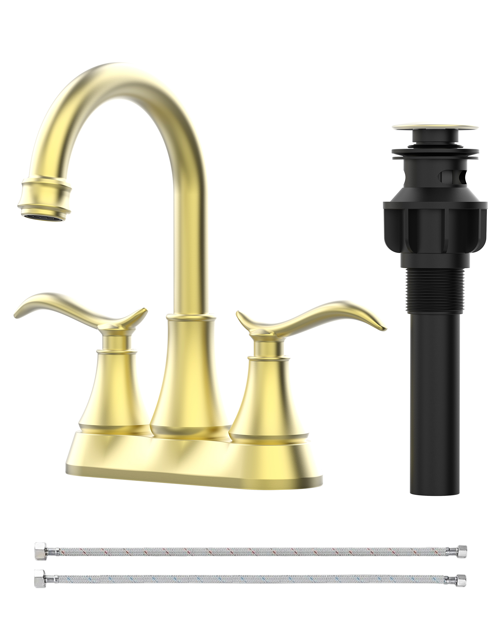 Bathroom Faucet Chrome with Pop-up Drain & Supply Hoses 2-Handle 360 Degree High Arc Swivel Spout Centerset 4 Inch Vanity Sink Faucet