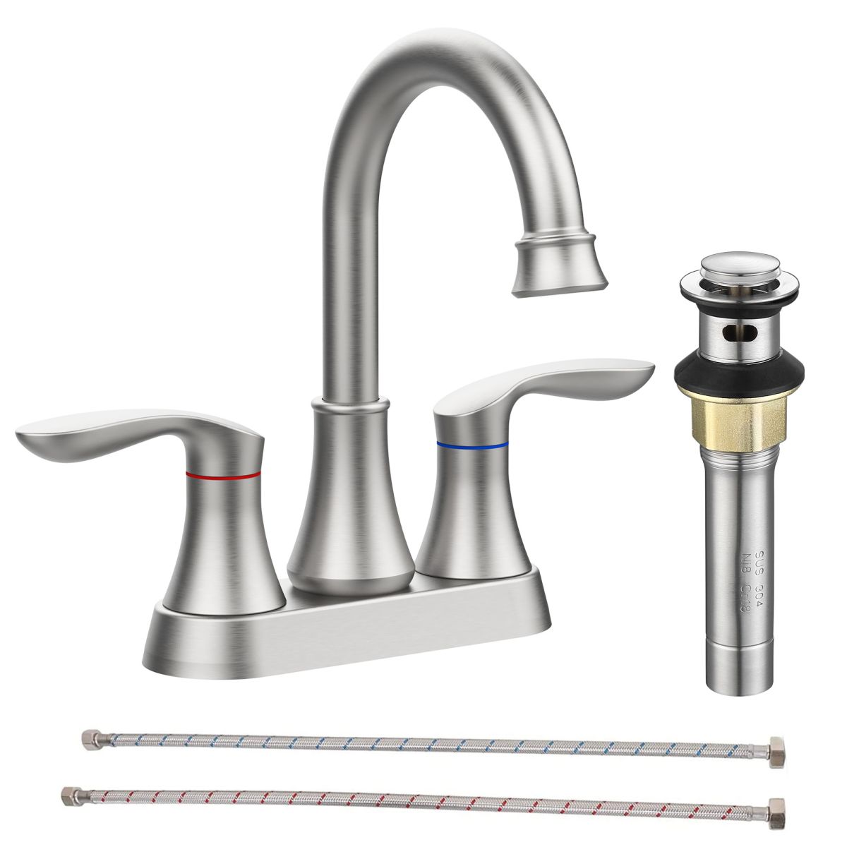 2-Handle 4-Inch Brushed Nickel Bathroom Faucet, Bathroom Vanity Sink Faucets with Pop-up Drain and Supply Hoses