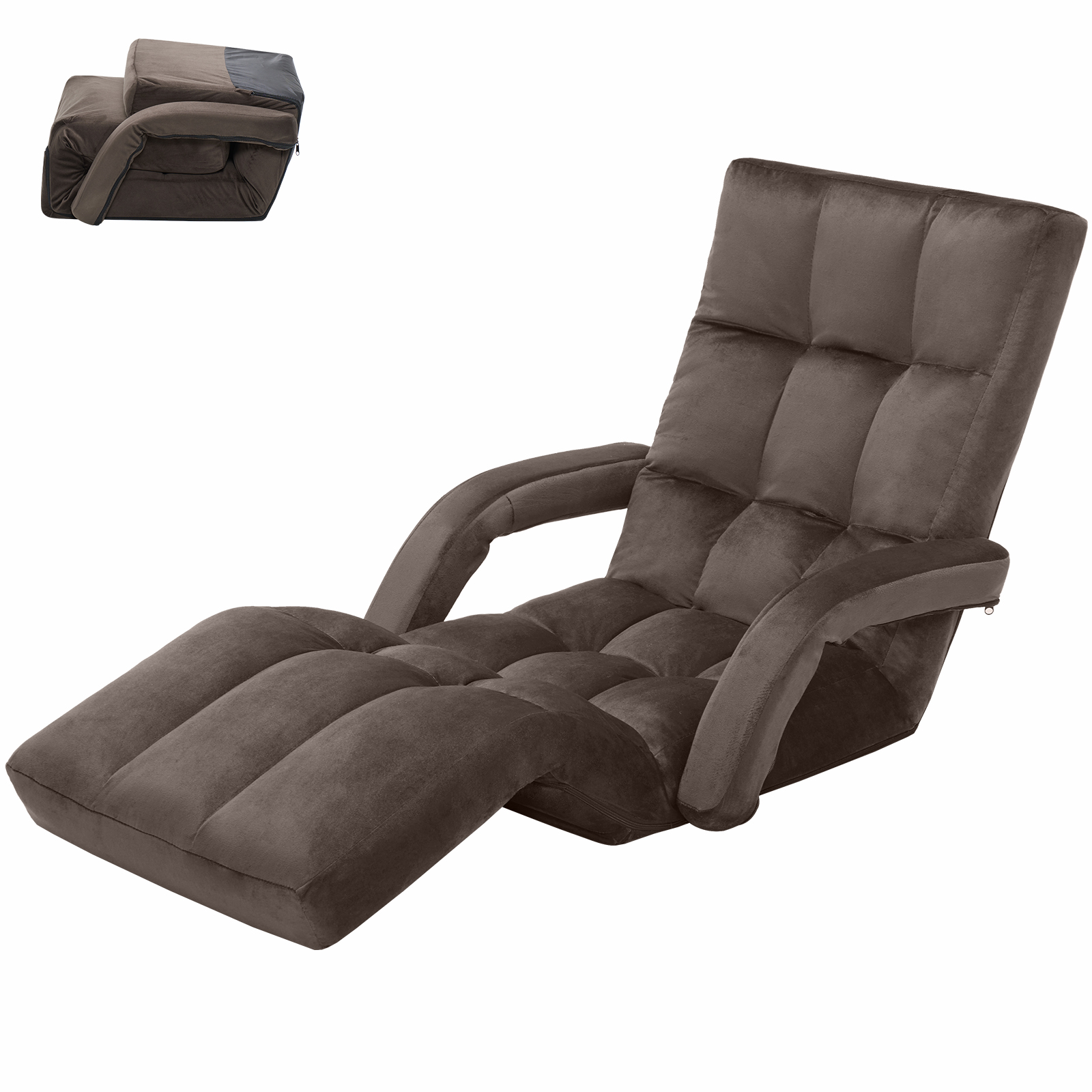 Folding Floor Chair with Back Support, Velvet Adjustable Floor Gaming Chair with 14-Positions, Indoor Floor Chaise Lounge Chairs with Armrest for Living Room, Bedroom, Balcony, Grey