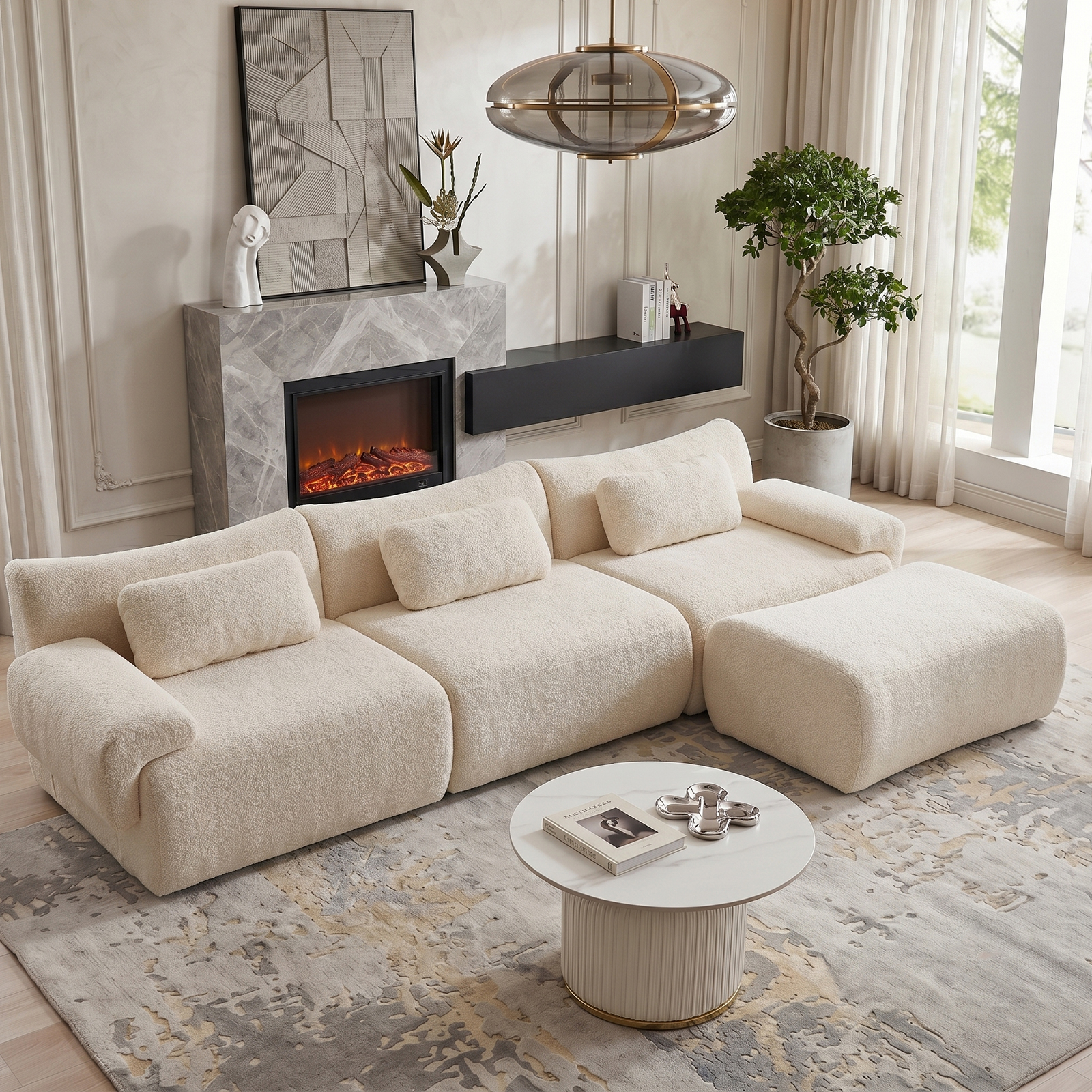 126in Sectional Boneless Couch, L Shaped Convertible Modular Sofa, 4-Seater Oversized Couches with 3 Throw Pillows for Living Room, Apartment, No Assembly (Black)