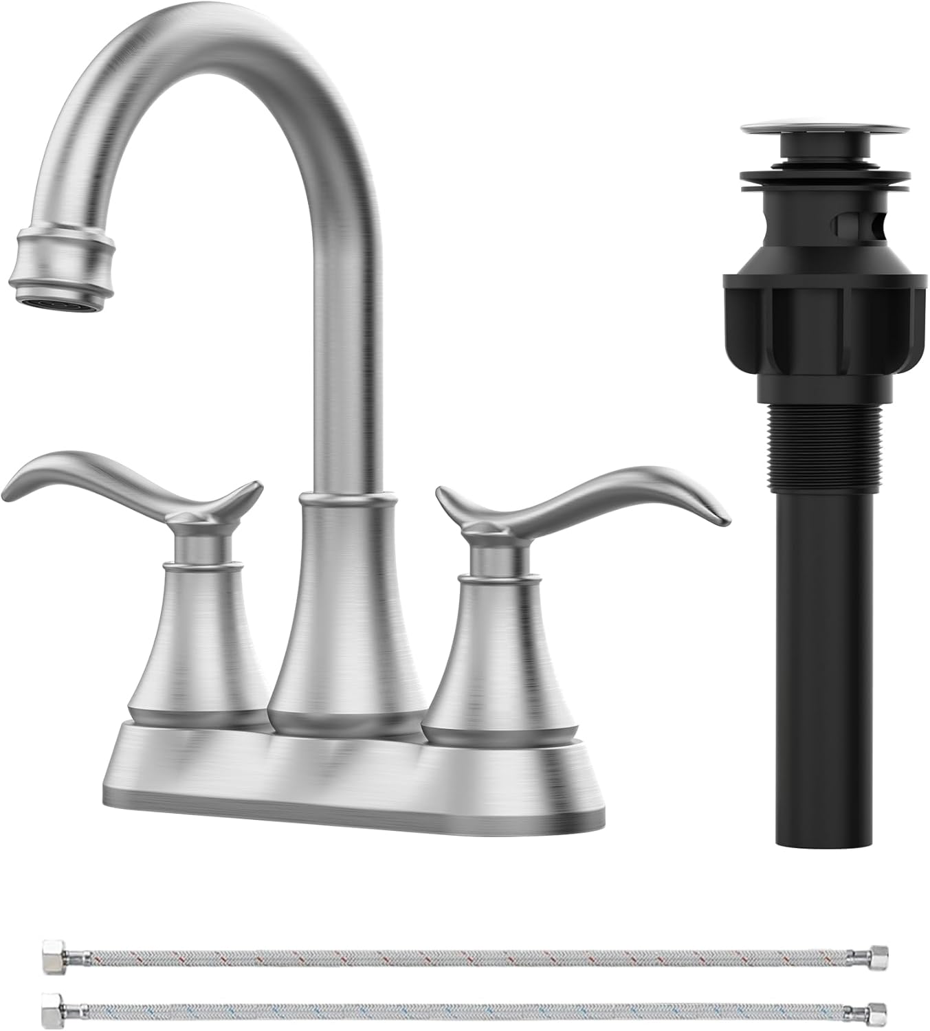 Bathroom Faucet Chrome with Pop-up Drain & Supply Hoses 2-Handle 360 Degree High Arc Swivel Spout Centerset 4 Inch Vanity Sink Faucet