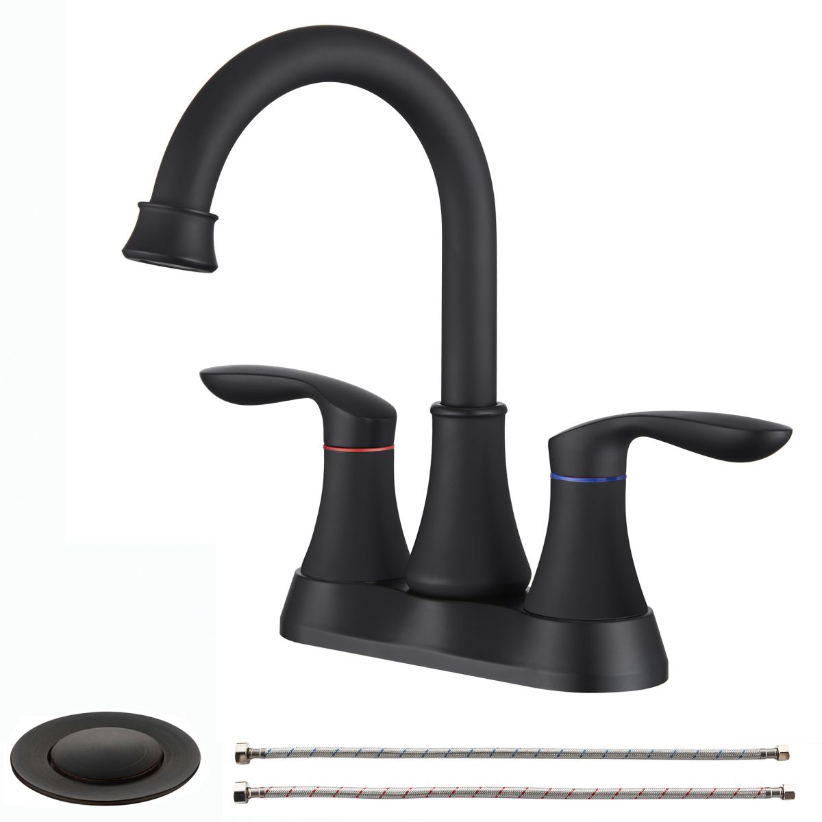 Bathroom Faucet Matte Black with Pop-up Drain & Supply Hoses 2-Handle 360 Degree High Arc Swivel Spout Centerset 6 Inch Vanity Sink Faucet 4011B-MB
