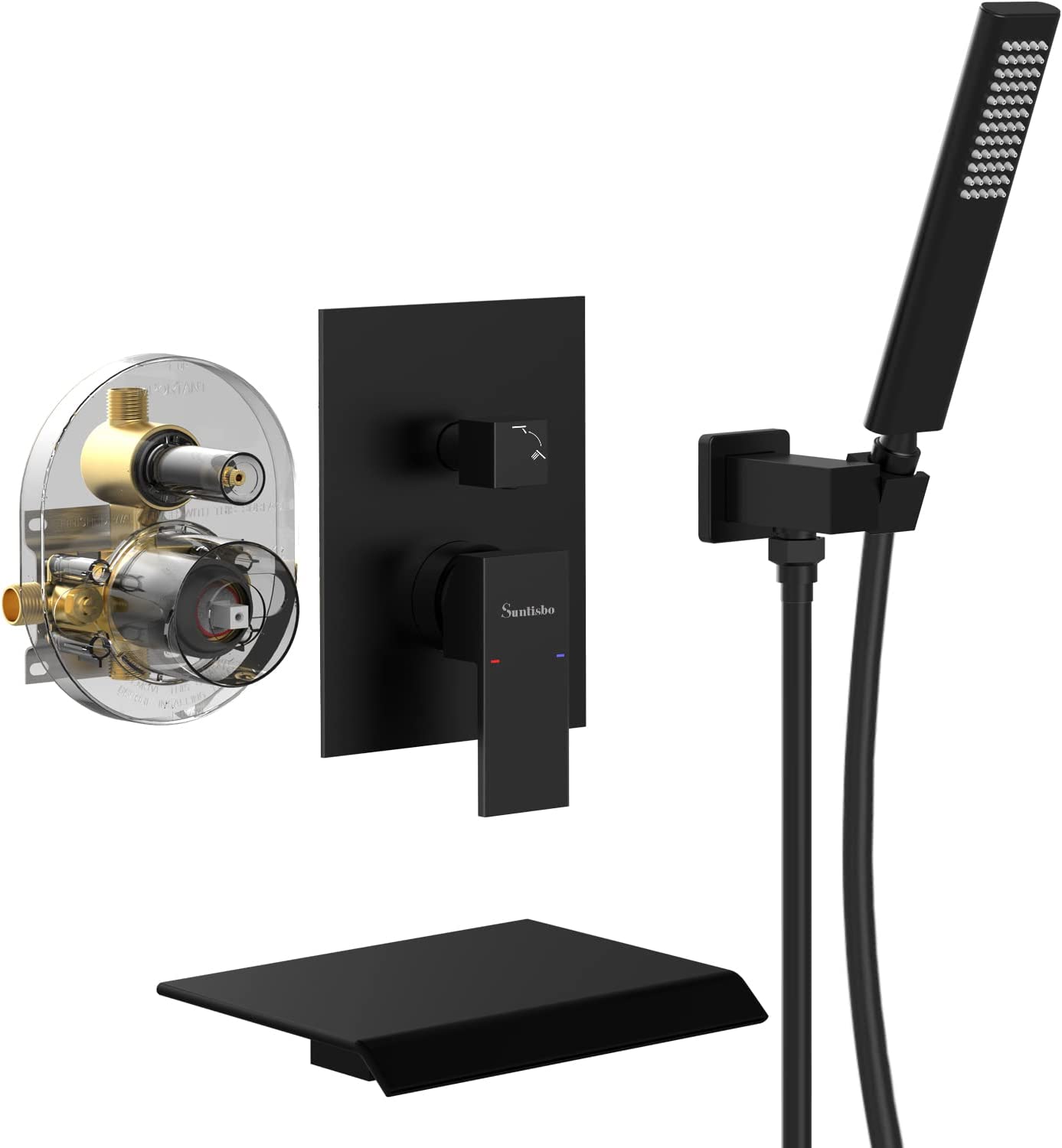 Male NPT Tub Faucet with Hand Shower, Matte Black Waterfall Bathtub Shower Faucet Set, Wall Mount Tub Shower System with Solid Brass Rough-in Valve Shower Trim Kit