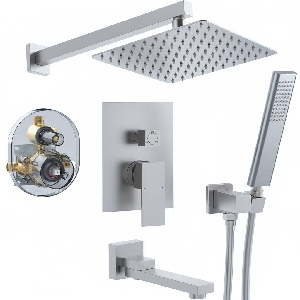 Male NPT Matte Black Shower System, 12 Inch Shower Fixtures Rain Shower Head with Handheld Shower Spray, Wall Mount Shower Faucet Set for Bathroom(Pressure Balance Shower Trim Valve Kit Included)