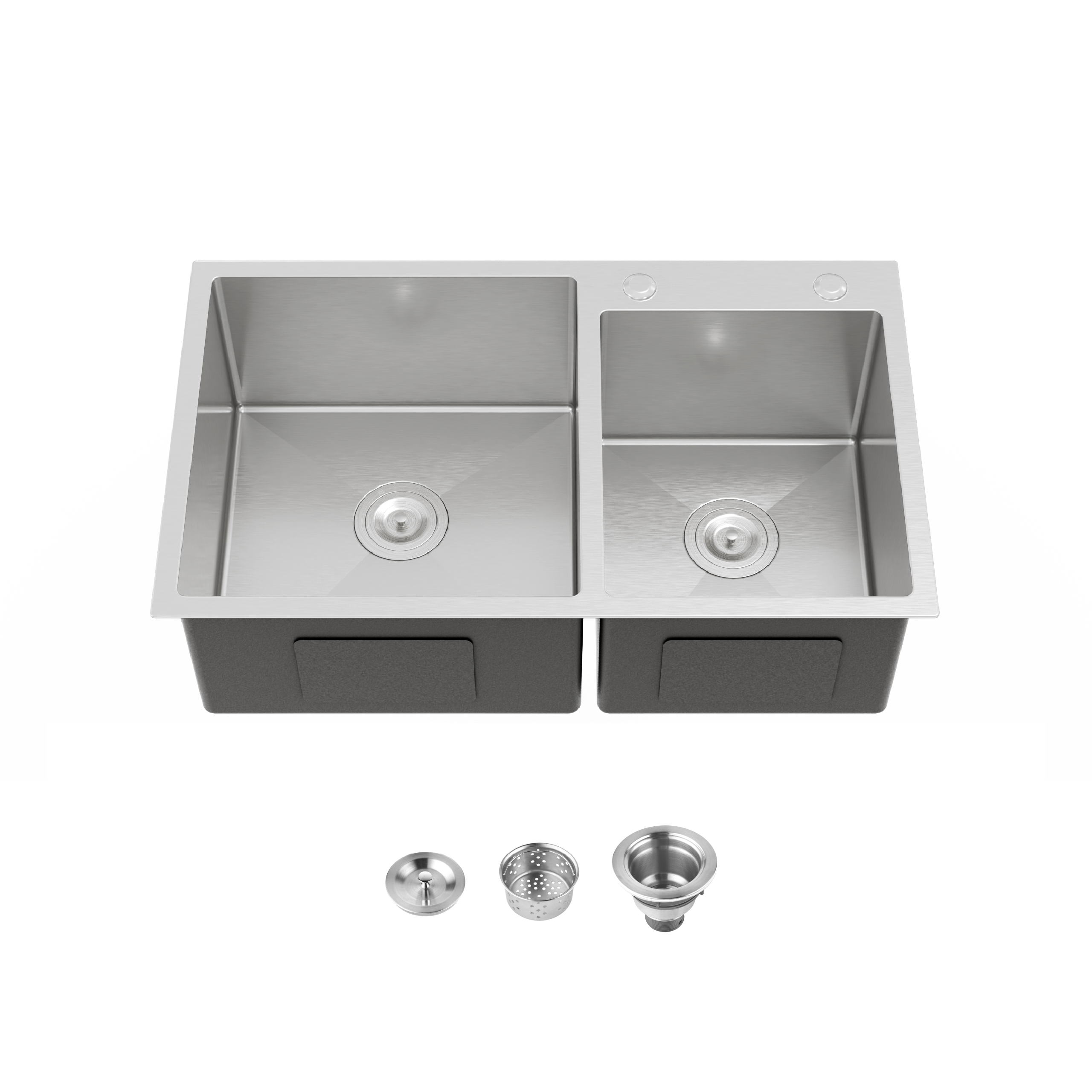 Stainless Steel Kitchen Sink, 32″x19″ Double Bowl in Black, Overmount Handmade Sink, with US Standard Drain and Hook