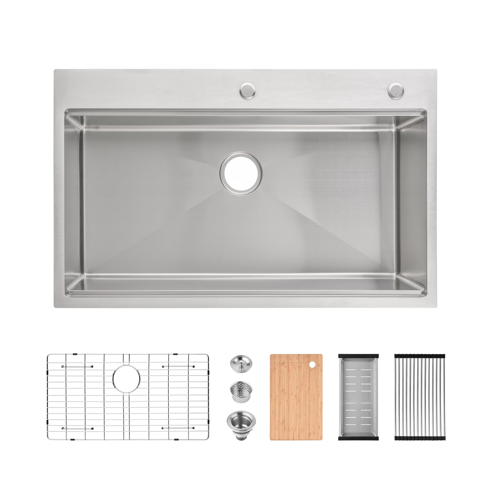 Stainless Steel Kitchen Sink, 36″x22″ Single Bowl, Overmount Handmade Sink in Dark Gray, with Cutting Board, Colander, Grid