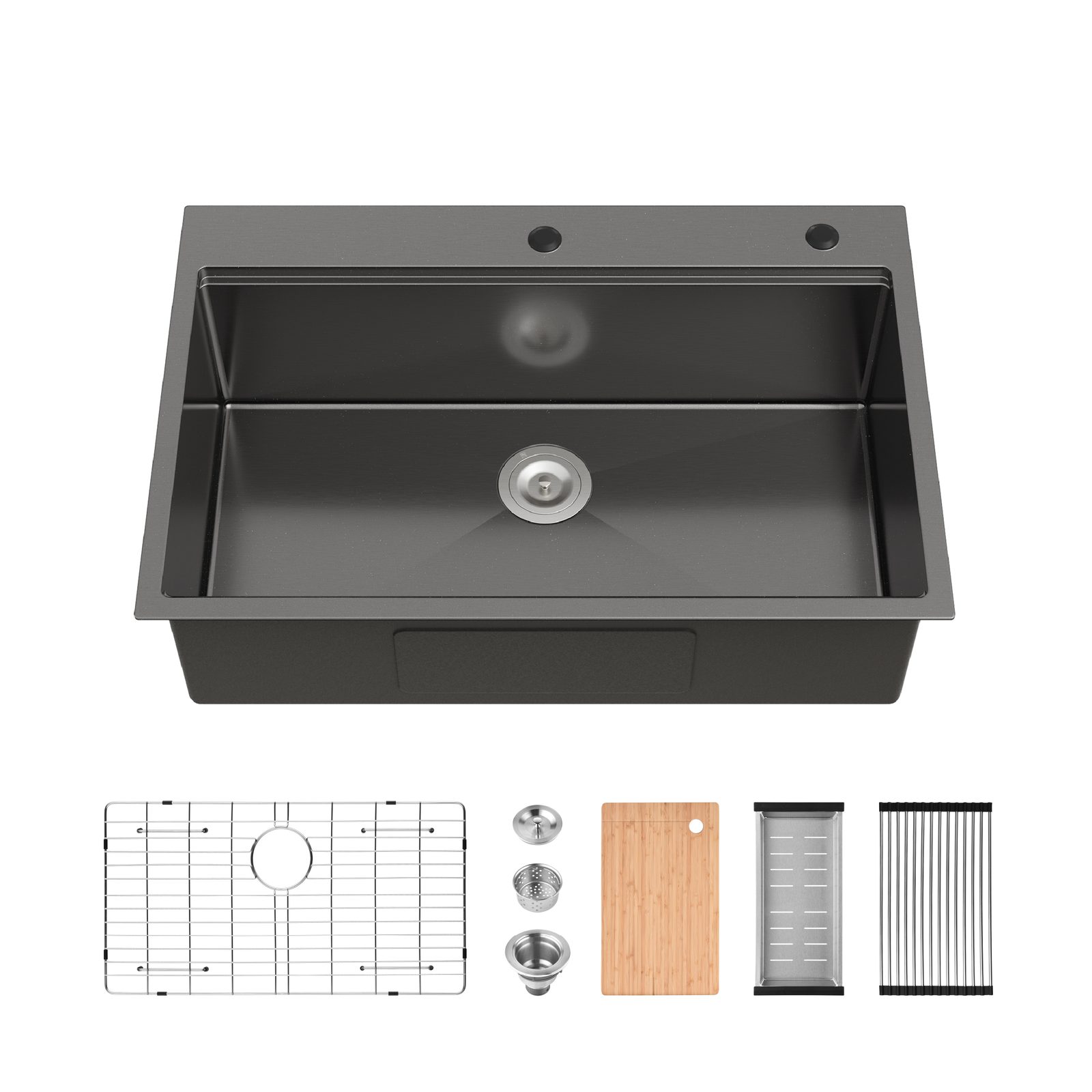 Stainless Steel Kitchen Sink, 33″x22″ Single Bowl, Overmount Handmade Sink in Black, with Cutting Board, Colander, Grid