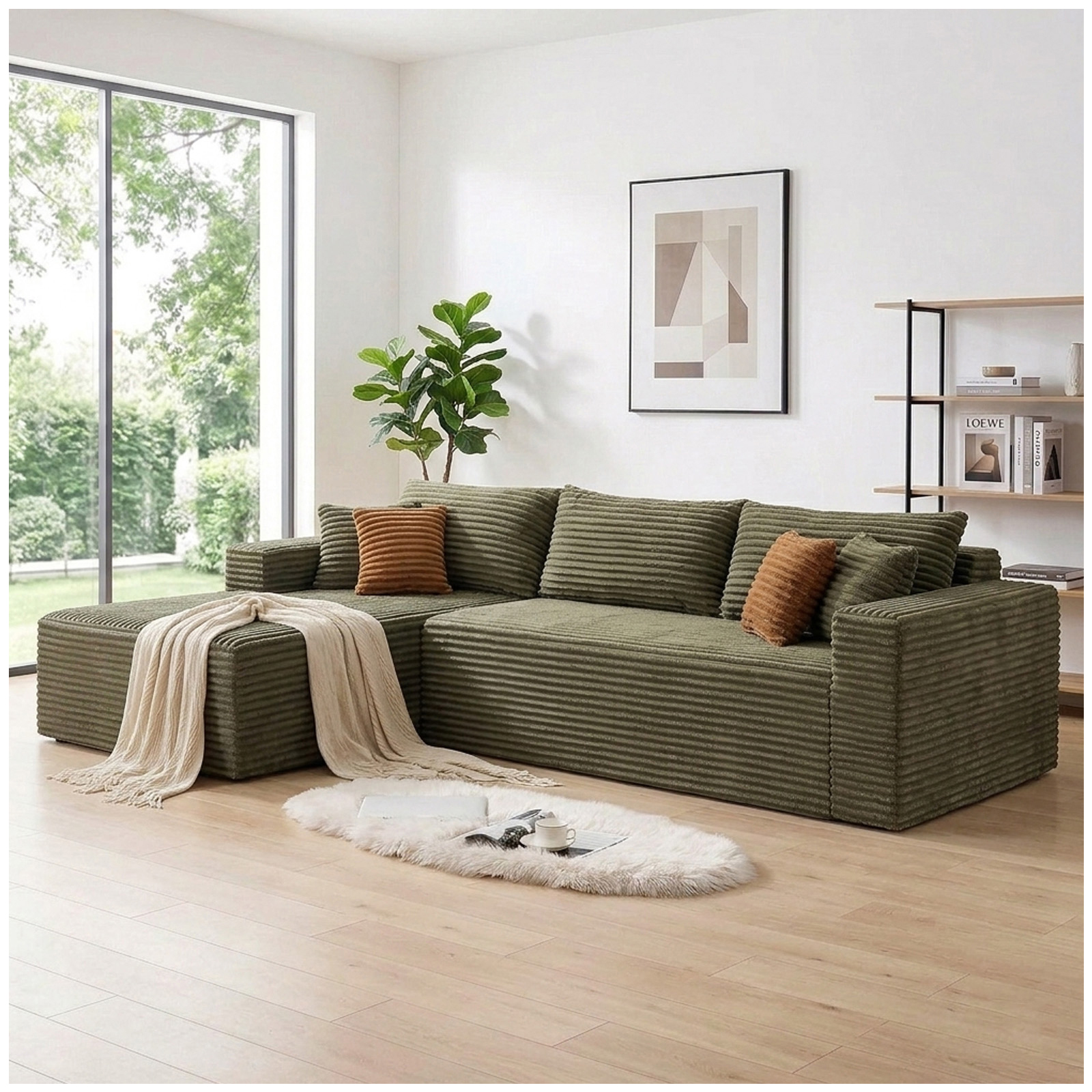 108英寸模块化组合沙发 免安装L型云朵沙发 带超大贵妃椅 灯芯绒面料 深座设计 客厅卧室公寓适用