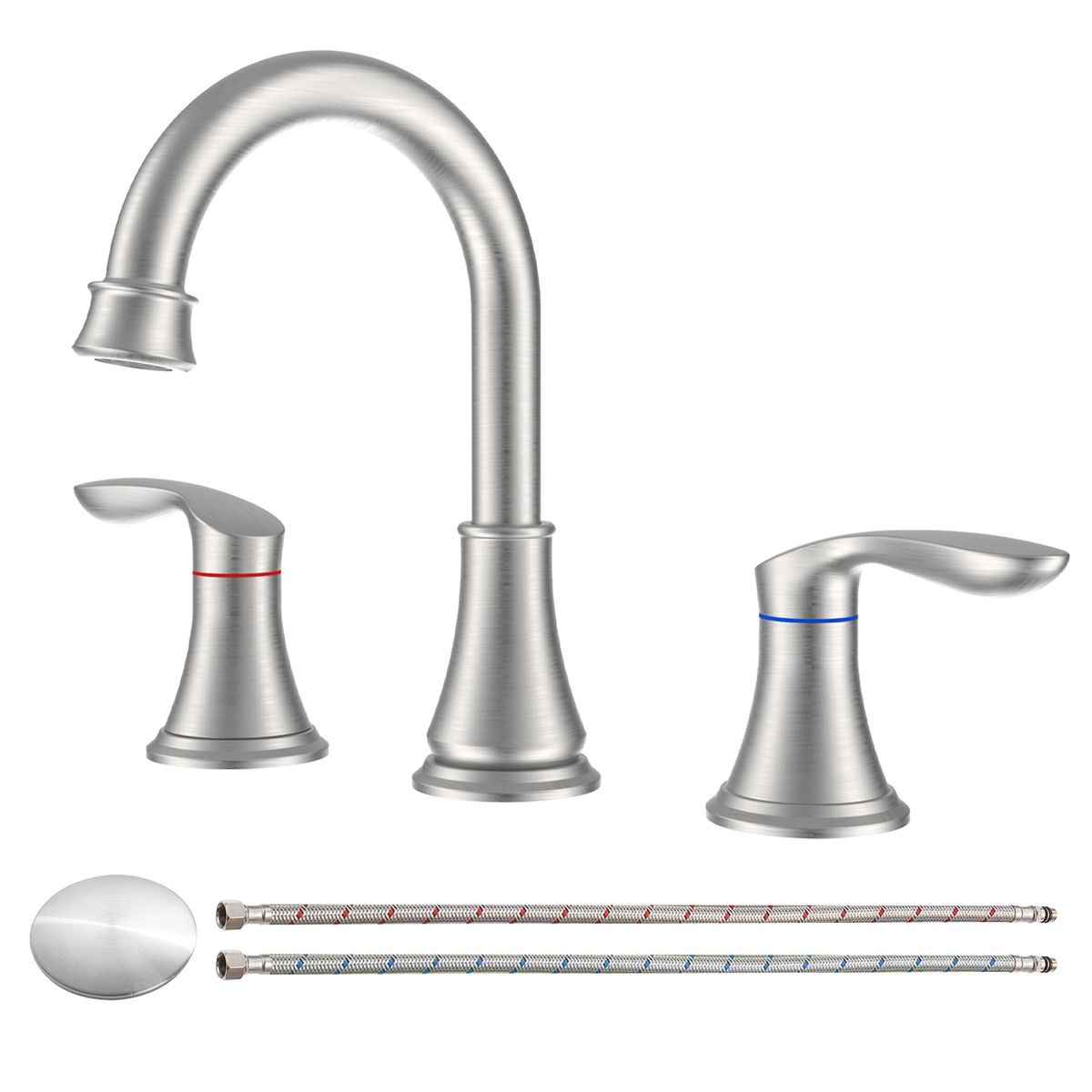 2-Handle 8 inch Widespread Bathroom Sink Faucet Brushed Nickel Lavatory Faucet 3 Hole 360° Swivel Spout Vanity Sink Basin Faucets with Pop Up Drain Assembly and cUPC Water Supply Hoses