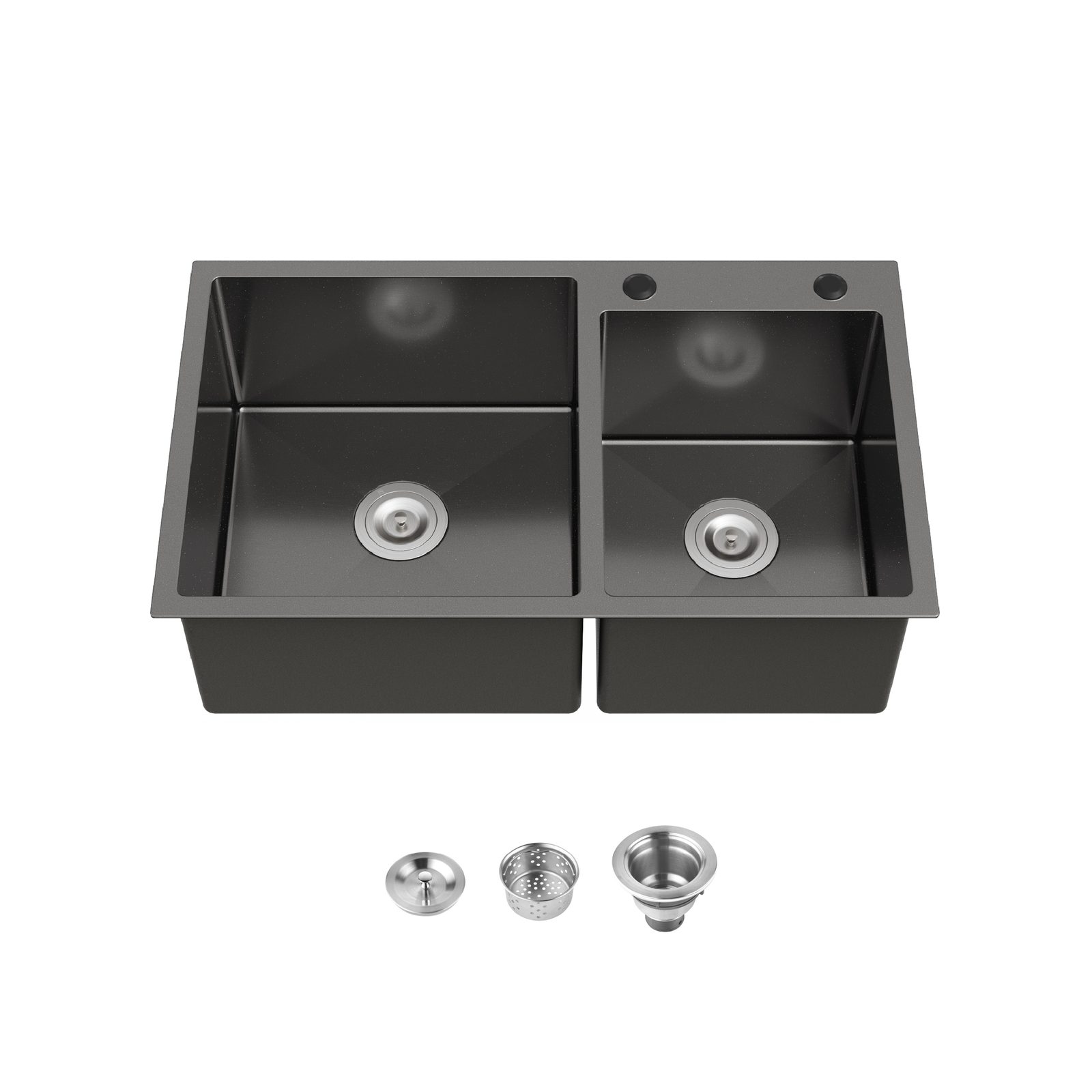 Stainless Steel Kitchen Sink, 32″x19″ Double Bowl in Black, Overmount Handmade Sink, with US Standard Drain and Hook