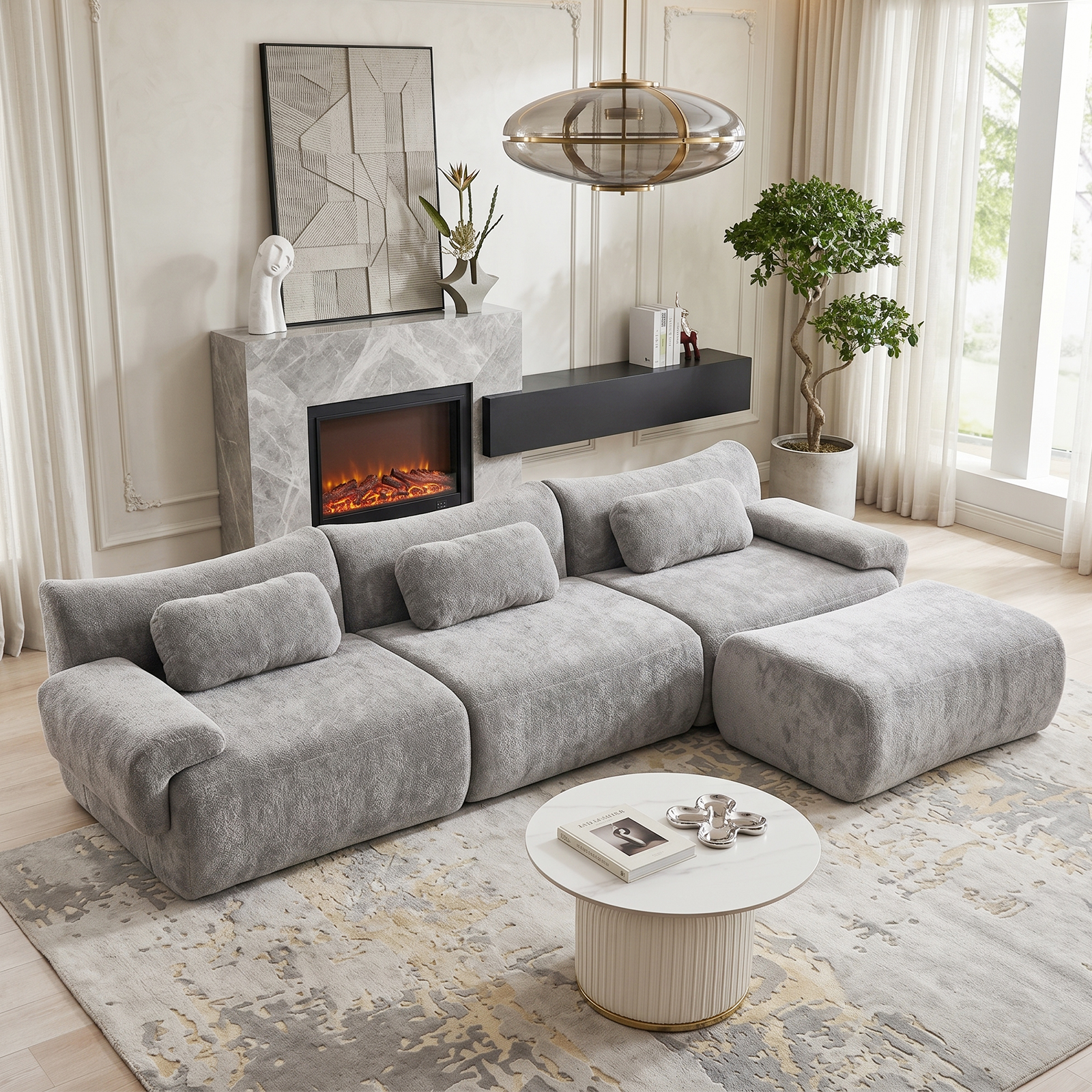 126in Sectional Boneless Couch, L Shaped Convertible Modular Sofa, 4-Seater Oversized Couches with 3 Throw Pillows for Living Room, Apartment, No Assembly (Black)