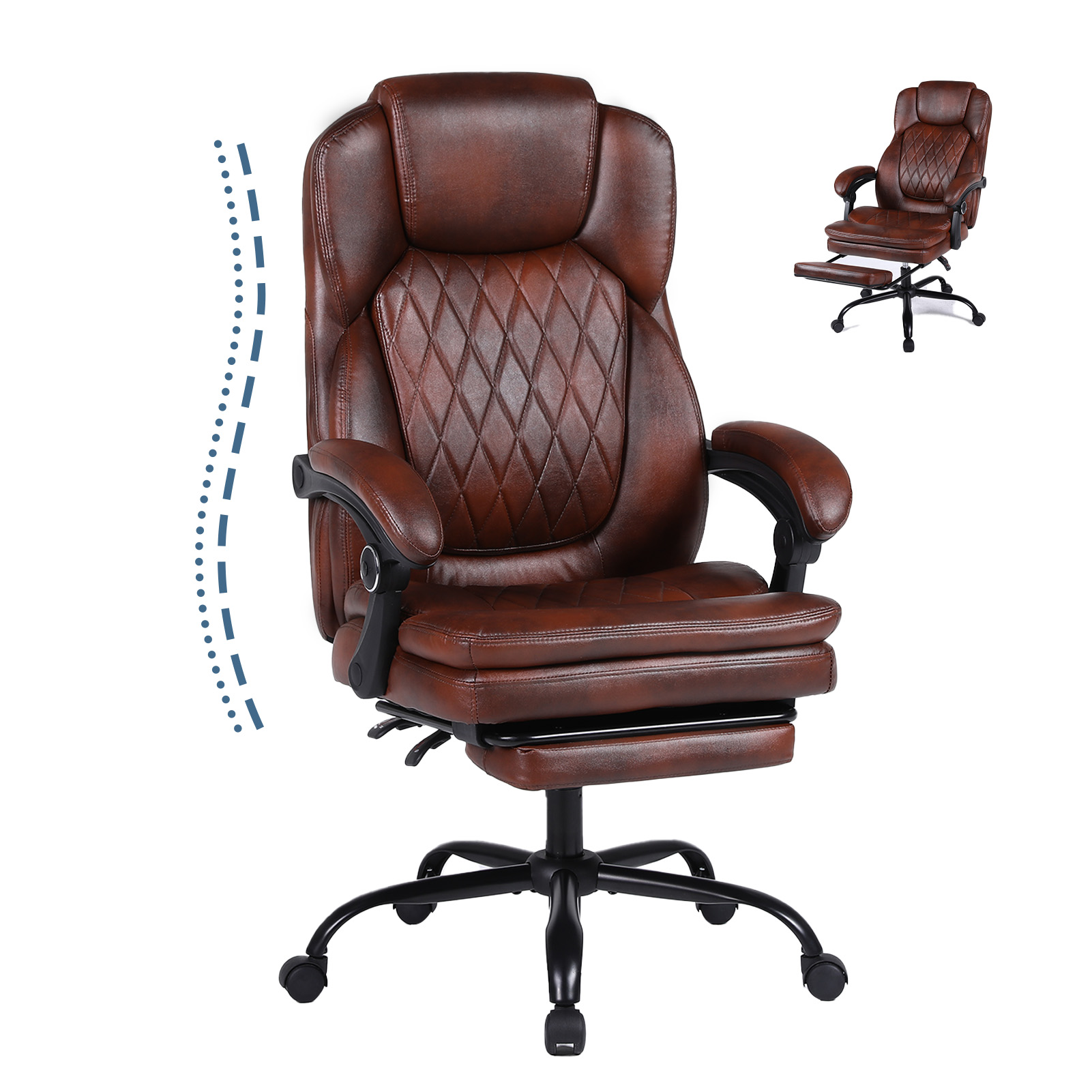 Big and Tall Office Desk Chair, Executive Office Chair with Foot Rest, PU Leather Comfy Reclining Office Chairs for Heavy People, Wide Ergonomic High-Back Computer Chairs, Brown