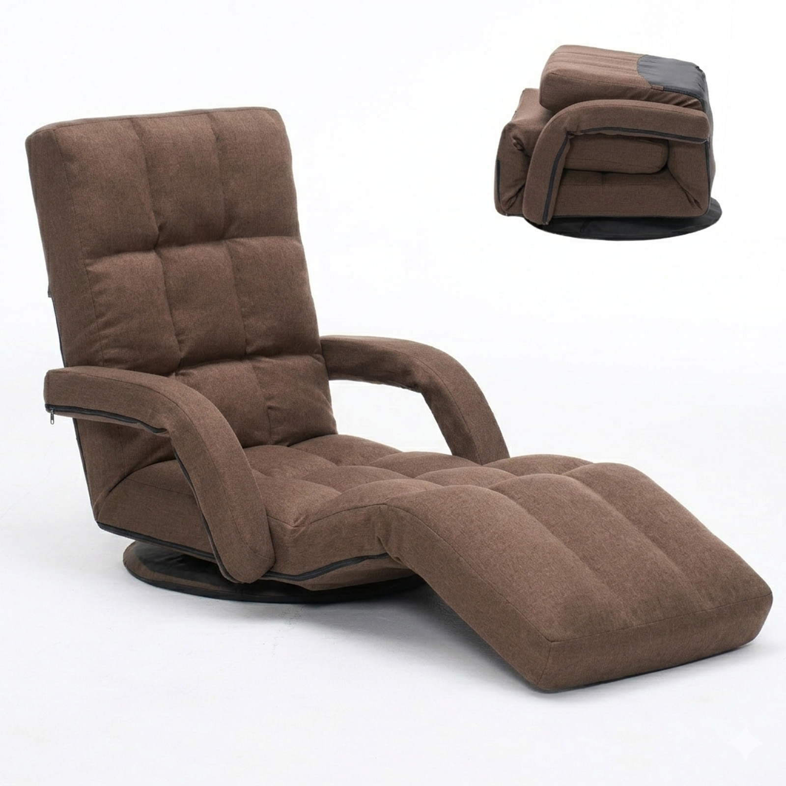 360° Swivel Floor Gaming Chair with Adjustable Footrest, 14-Position Folding Floor Lounger Sofa with Armrests, Reclining Floor Chair for Adults, Reading, Gaming & Relaxing (Brown)