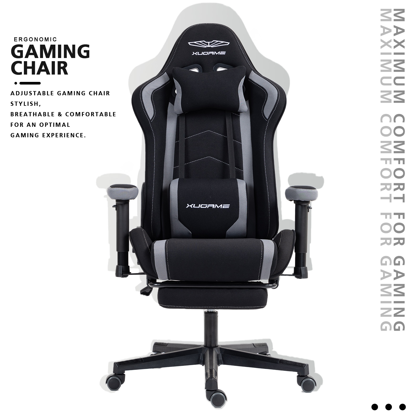 Gaming Chair, Linen Material, Breathable, Racing Style Office Chair with Footrest, Ergonomic High-Back Computer Chair, Height Adjustable, with 360°-Swivel Seat, for Office or Gaming, Black