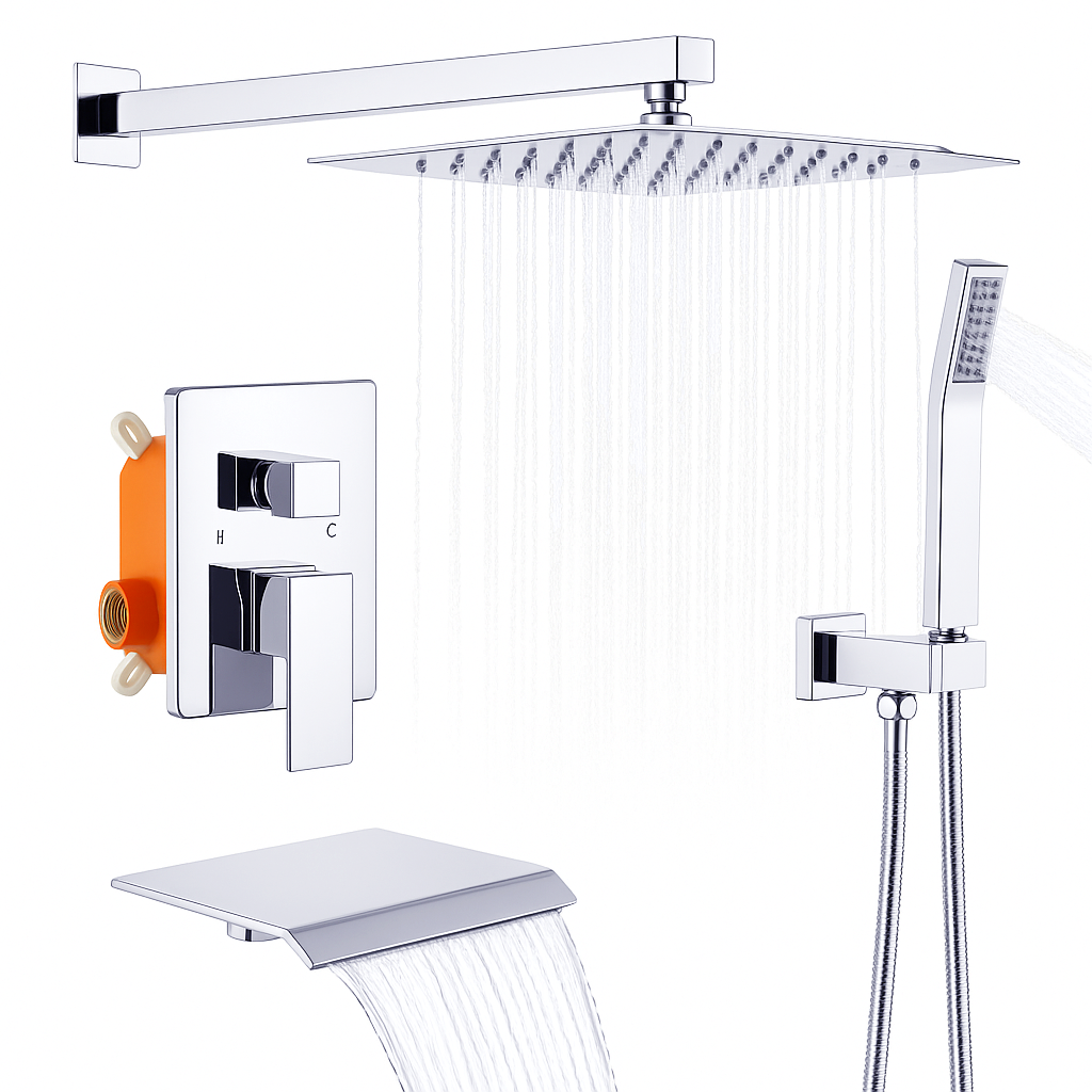 Rain Shower System Brushed Gold, Tub Shower Faucet Set 10 Inch Square Rainfall Shower Head with Handheld Sprayer and Waterfall Tub Spout Pressure Balance