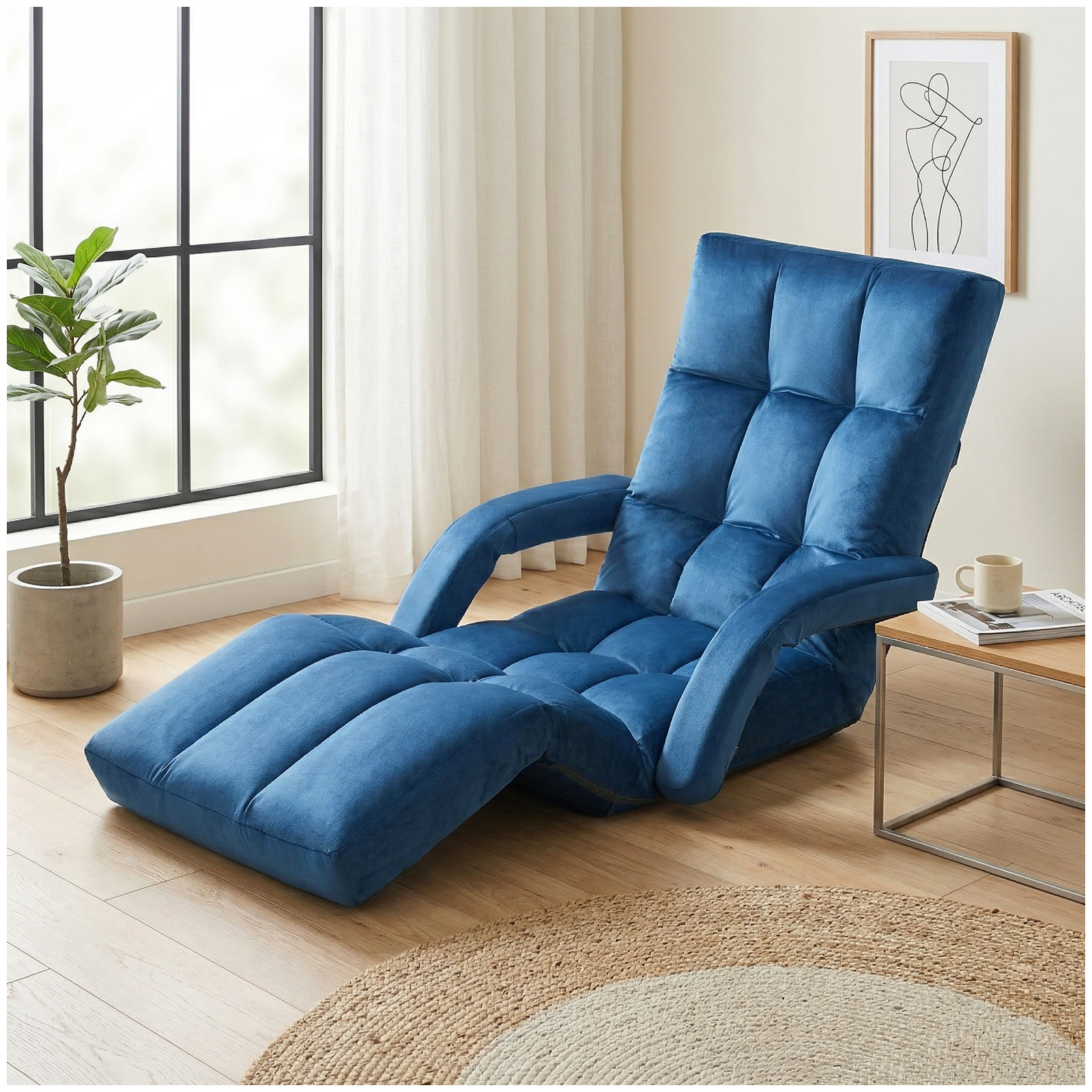 Folding Floor Chair with Back Support, Velvet Adjustable Floor Gaming Chair with 14-Positions, Indoor Floor Chaise Lounge Chairs with Armrest for Living Room, Bedroom, Balcony, Grey