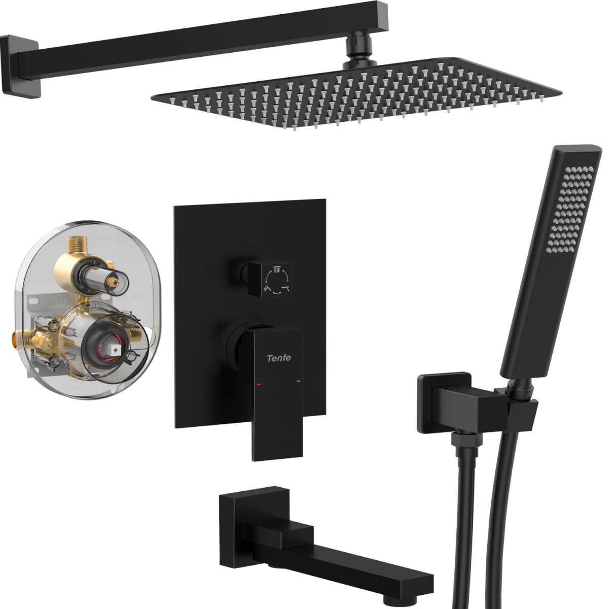 Male NPT Matte Black Shower System, 12 Inch Shower Fixtures Rain Shower Head with Handheld Shower Spray, Wall Mount Shower Faucet Set for Bathroom(Pressure Balance Shower Trim Valve Kit Included)