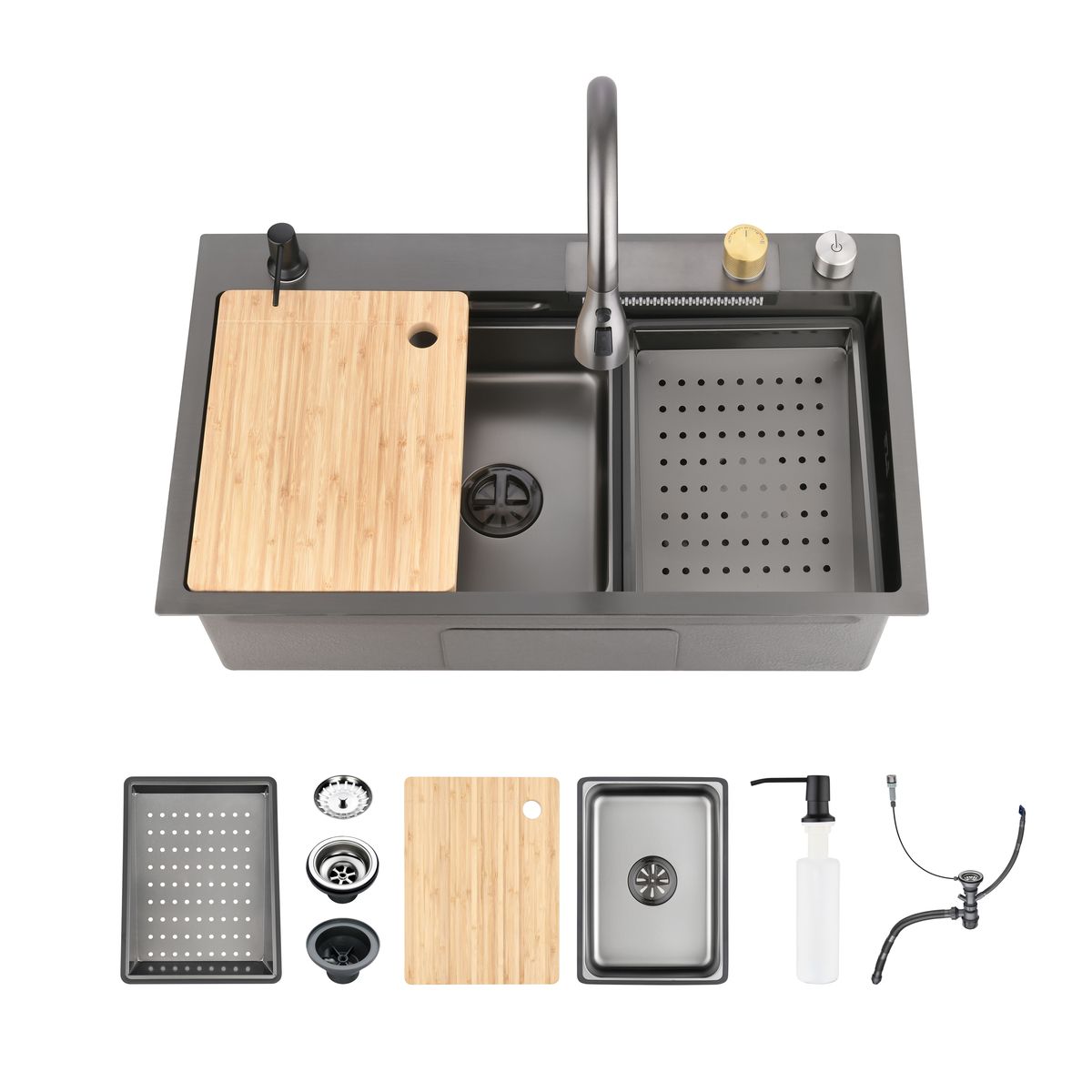 Waterfall Kitchen Sink, Stainless Steel Single Bowl in Black, Multifunctional Workstation with Flying-rain Faucet and Cutting Board, 30x18″ Stainless Steel Single Bowl Sink