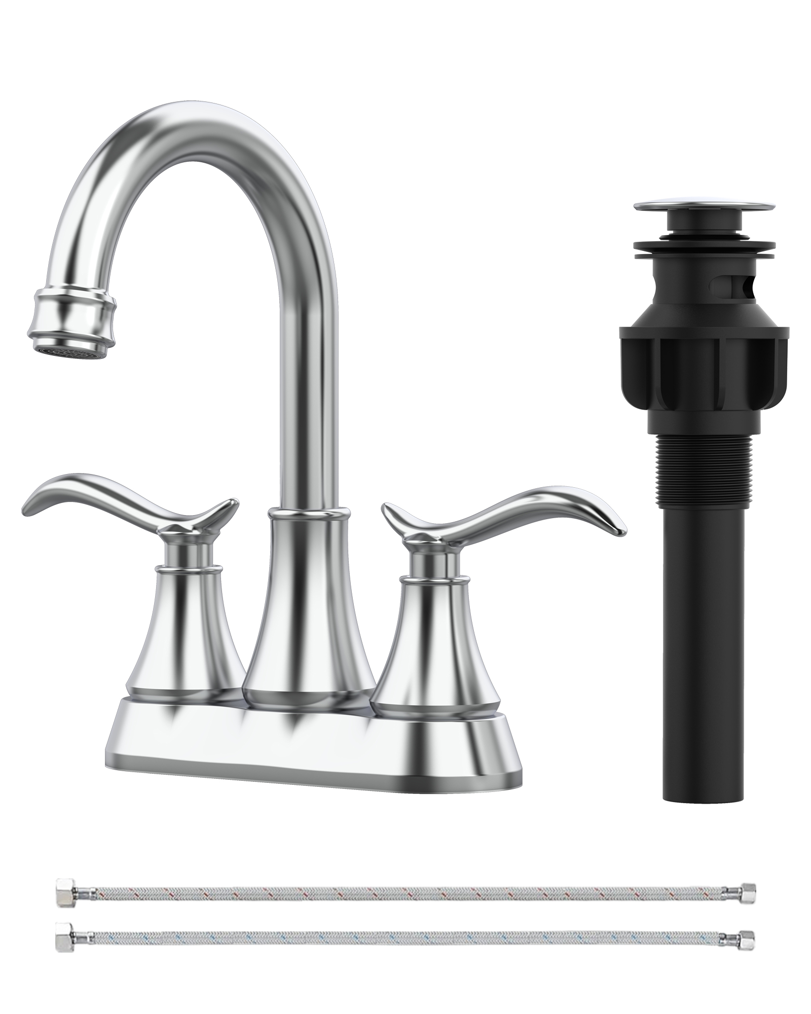 Bathroom Faucet Chrome with Pop-up Drain & Supply Hoses 2-Handle 360 Degree High Arc Swivel Spout Centerset 4 Inch Vanity Sink Faucet