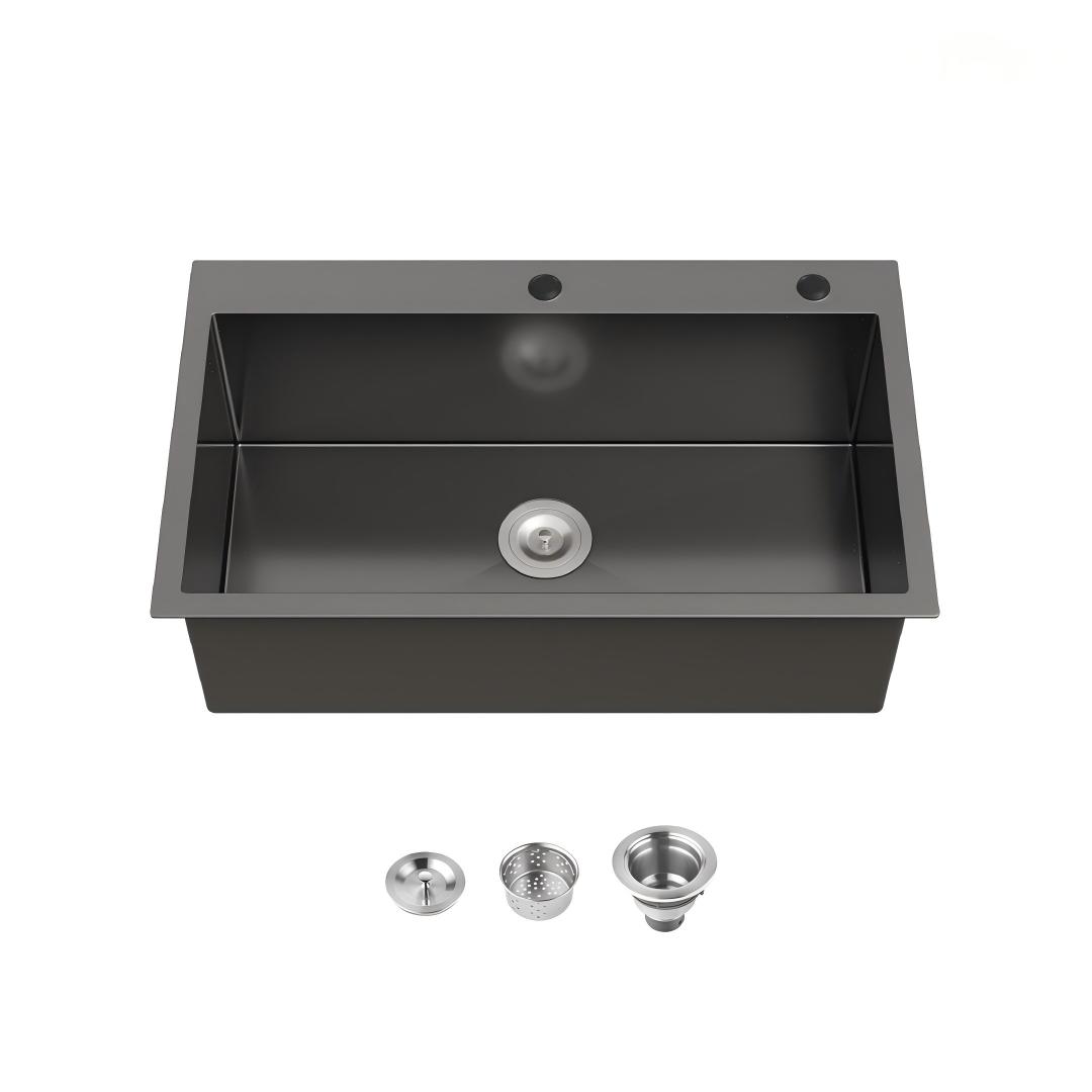 Stainless Steel Kitchen Sink, 32″x19″ Single Bowl, Overmount Handmade Sink in Dark Gray, with US Standard Drain and Hook