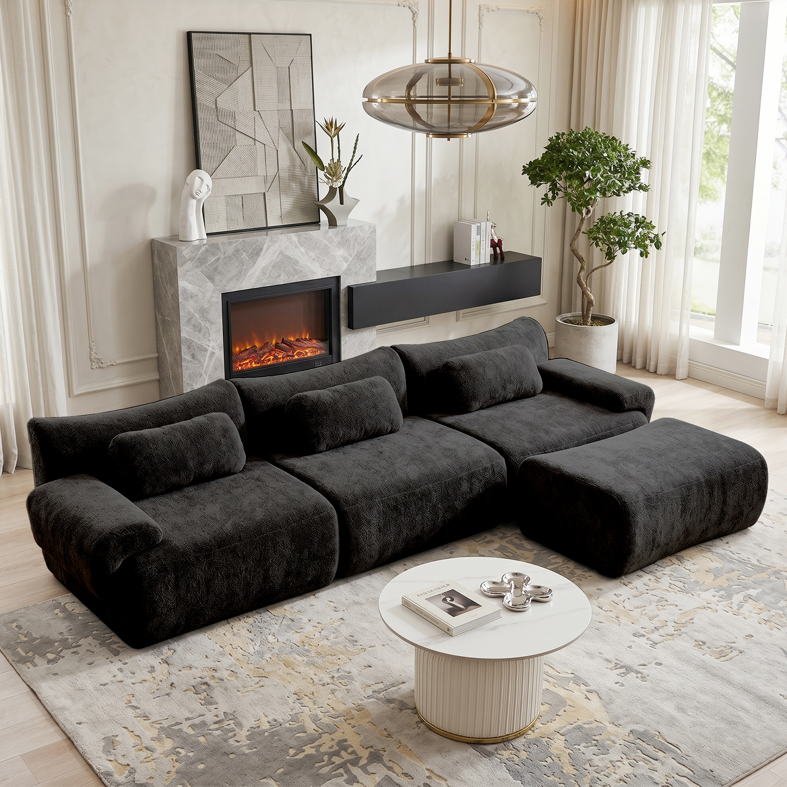 126in Sectional Boneless Couch, L Shaped Convertible Modular Sofa, 4-Seater Oversized Couches with 3 Throw Pillows for Living Room, Apartment, No Assembly (Black)