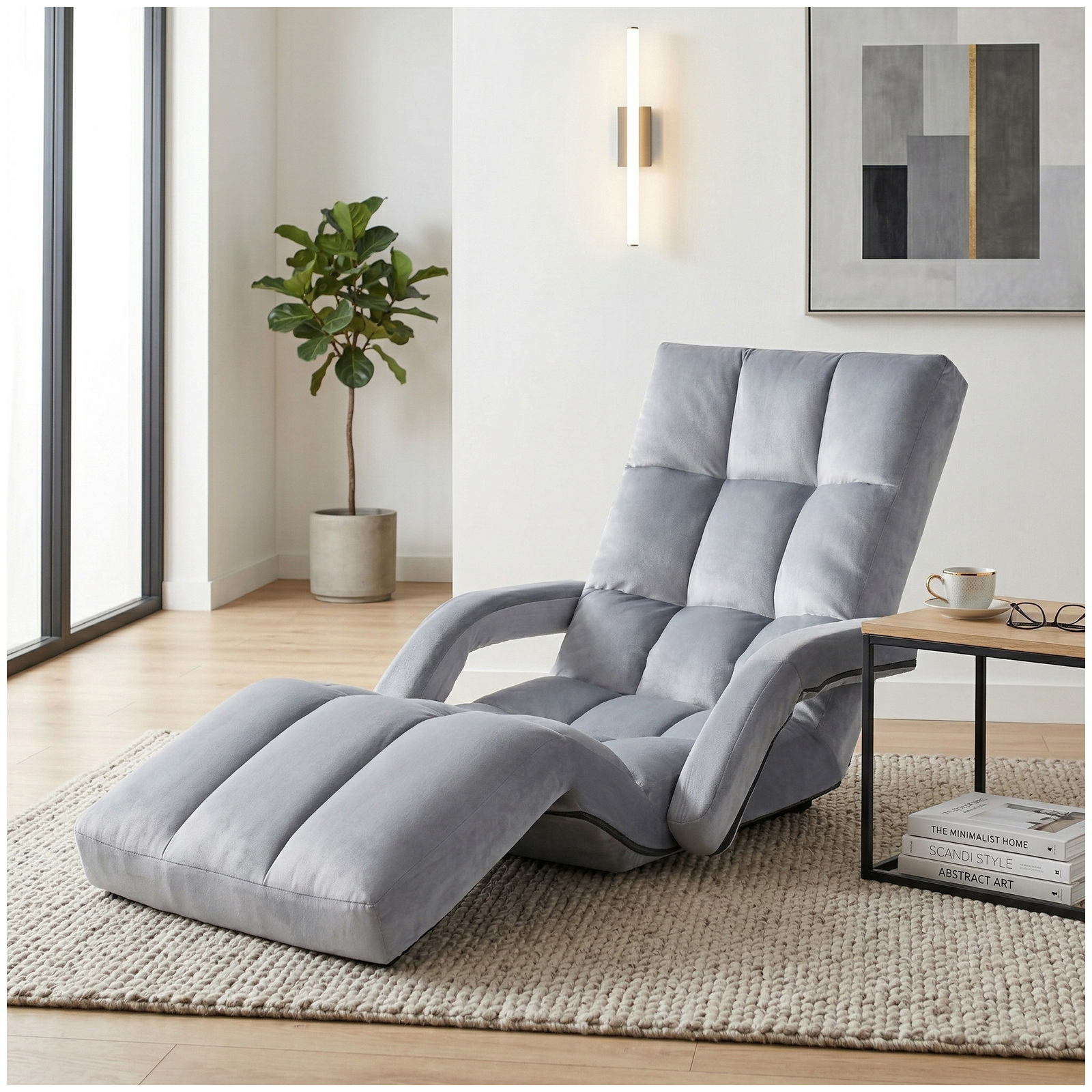 Folding Floor Chair with Back Support, Velvet Adjustable Floor Gaming Chair with 14-Positions, Indoor Floor Chaise Lounge Chairs with Armrest for Living Room, Bedroom, Balcony, Grey
