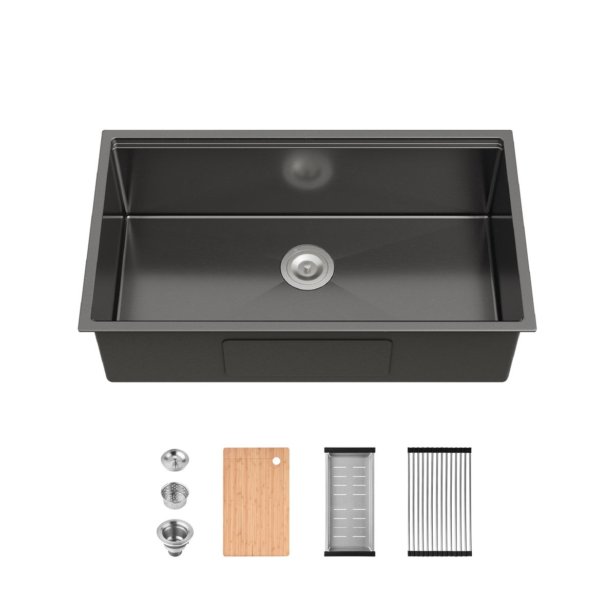 Stainless Steel Kitchen Sink, 33″x19″ Single Bowl, Undermount Handmade Sink in Black, with Cutting Board, Colander