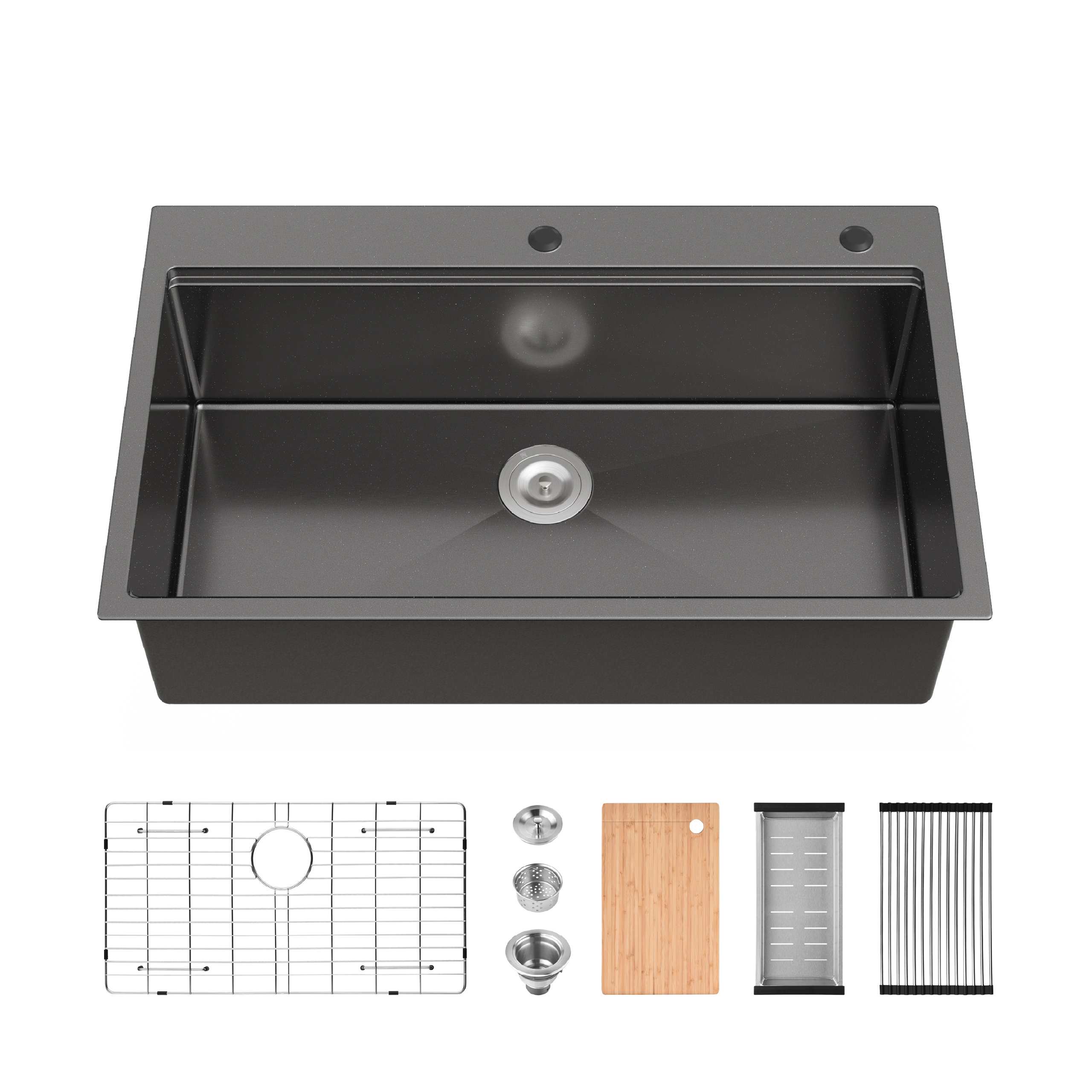 Stainless Steel Kitchen Sink, 36″x22″ Single Bowl, Overmount Handmade Sink in Dark Gray, with Cutting Board, Colander, Grid