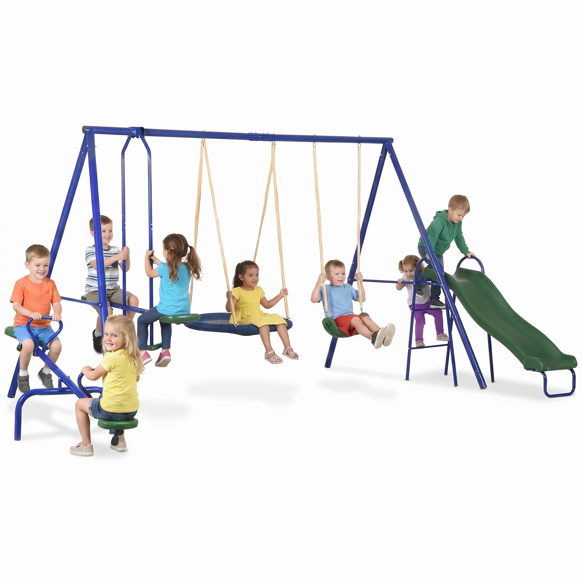 693 lbs Metal Swing Set for Kids, 5 in 1 Outdoor Playset with Heavy Duty A-Frame Stand, 29.5