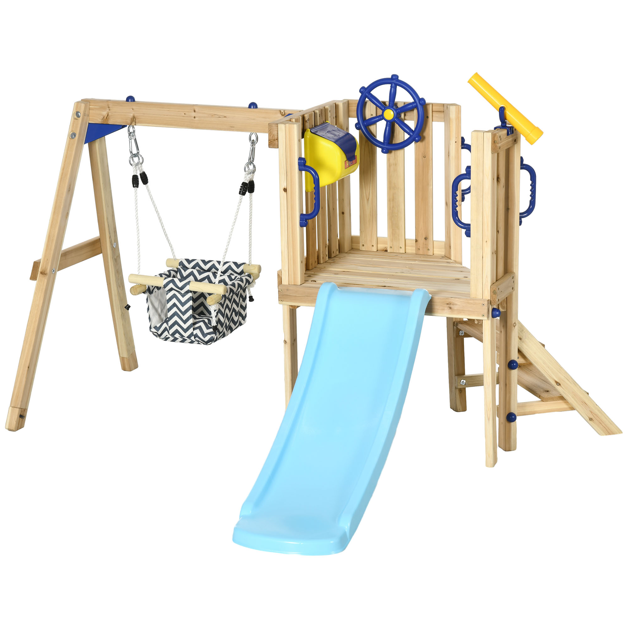 Swing Set for Backyard, Wooden Toddler Outdoor Playset with Baby Swing Seat, Kids Slide, Fort, Playground Equipment with Captain's Wheel, Telescope for Ages 1.5-4, Natural (Drop Shipping Only, Not for Amazon)