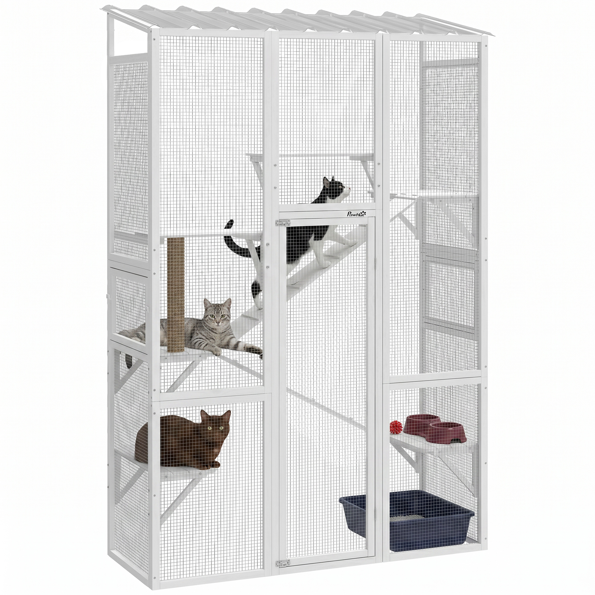 Outdoor Catio Cat Enclosure, Large Wooden Cat House with 6 Jumping Platforms, Scratching Post, 2 Ramps, for 2-3 Kittens (Drop Shipping Only, Not for Amazon)