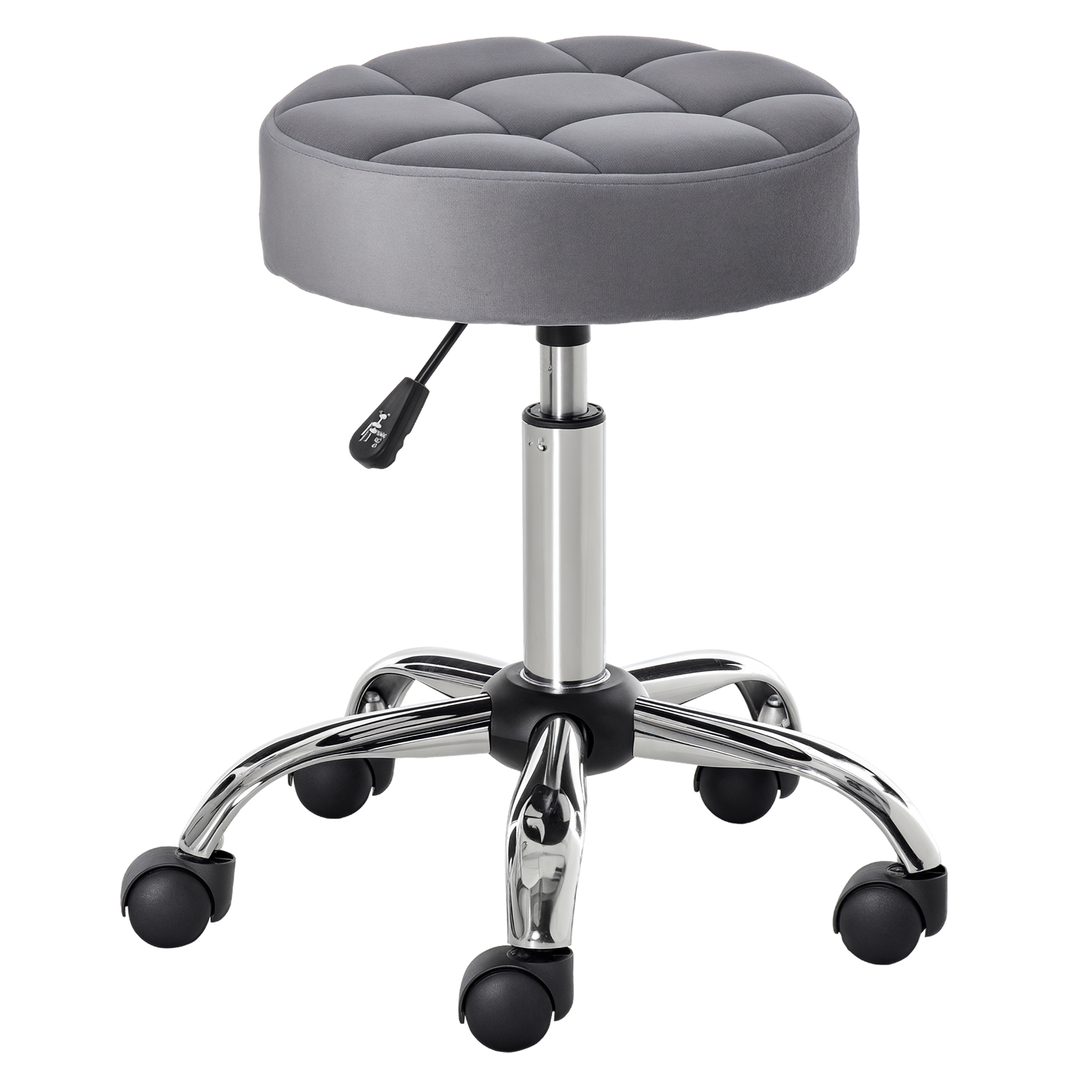 Round Rolling Stool, Height Adjustable Vanity Chair, Upholstery Office Chair with Swivel Seat and Wheels, Grey (Drop Shipping Only, Not for Amazon)